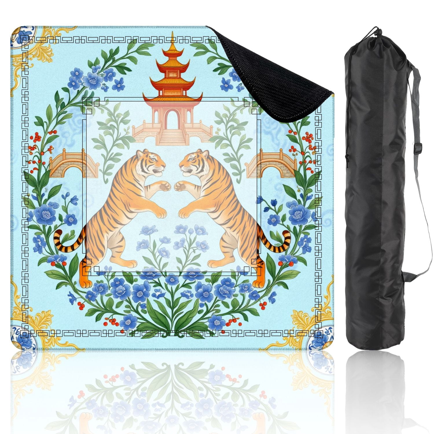 Mahjong Mat 31.5" x 31.5" Pair Tigers Facing Each Other Amid Floral Wreath Pagoda Bridges Non-Slip Noise Reduction American Mahjong Tiles Table Cover for Dominoes Poker Card Board Games Gift