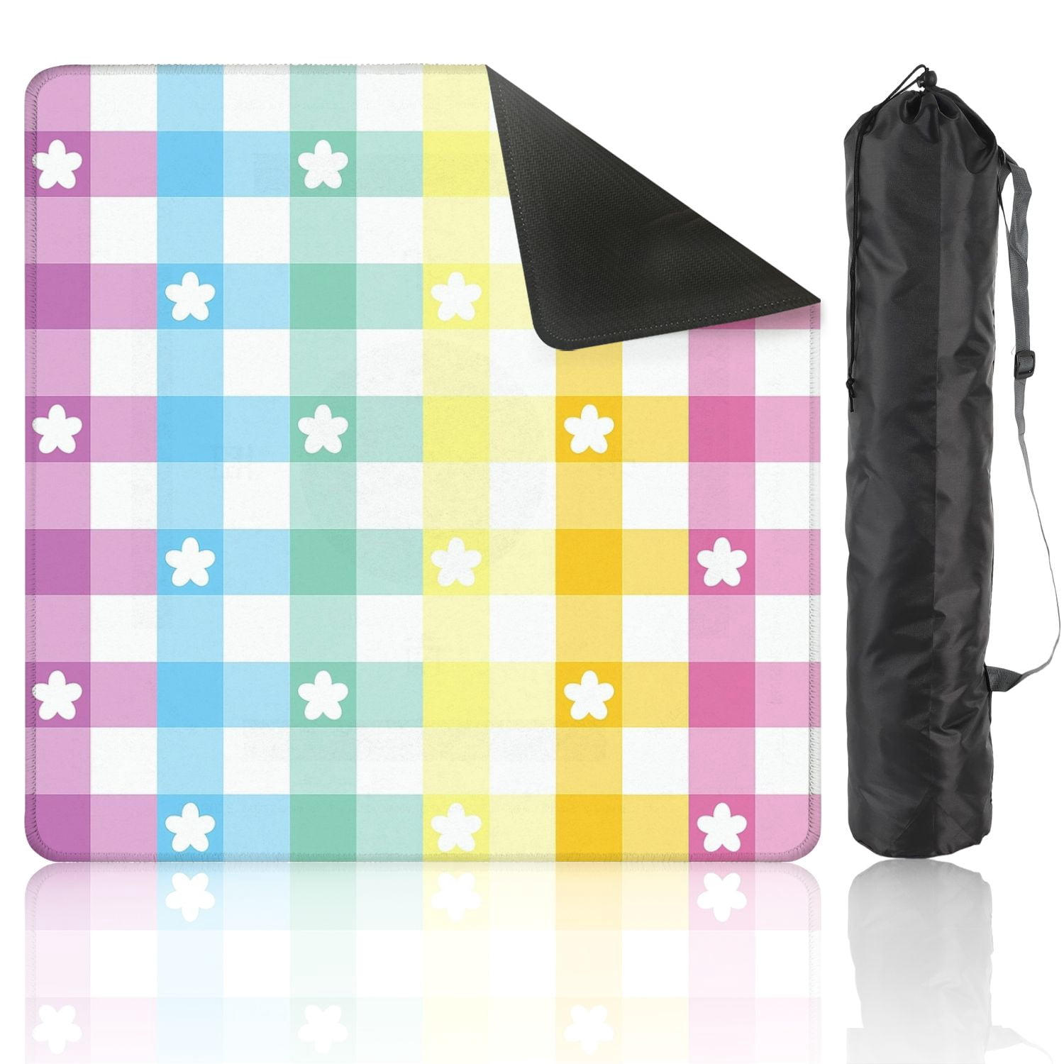 Mahjong Mat 31.5" x 31.5" Pastel Colored Checkered White Flowers Non-Slip Noise Reduction American Mahjong Tiles Table Cover for Dominoes Poker Card Board Games Gift