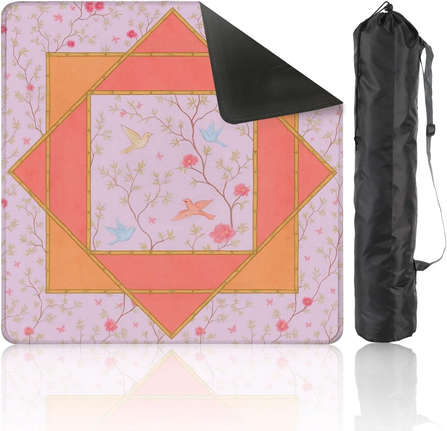 Mahjong Mat 31.5" x 31.5" Pastel Floral Birds Geometric Frame Pink Orange Tones Non-Slip Noise Reduction Mahjong Tiles Table Cover for Dominoes Poker Card Board and Tile Games