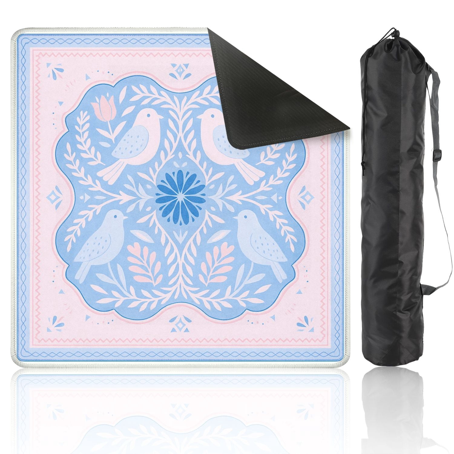 Mahjong Mat 31.5" x 31.5" Pastel Floral Birds Pink Blue Tones Anti-Slip and Noise Reduction Symmetry Design Mahjong Tiles Table Cover for Dominoes Poker Card Board and Tile Games
