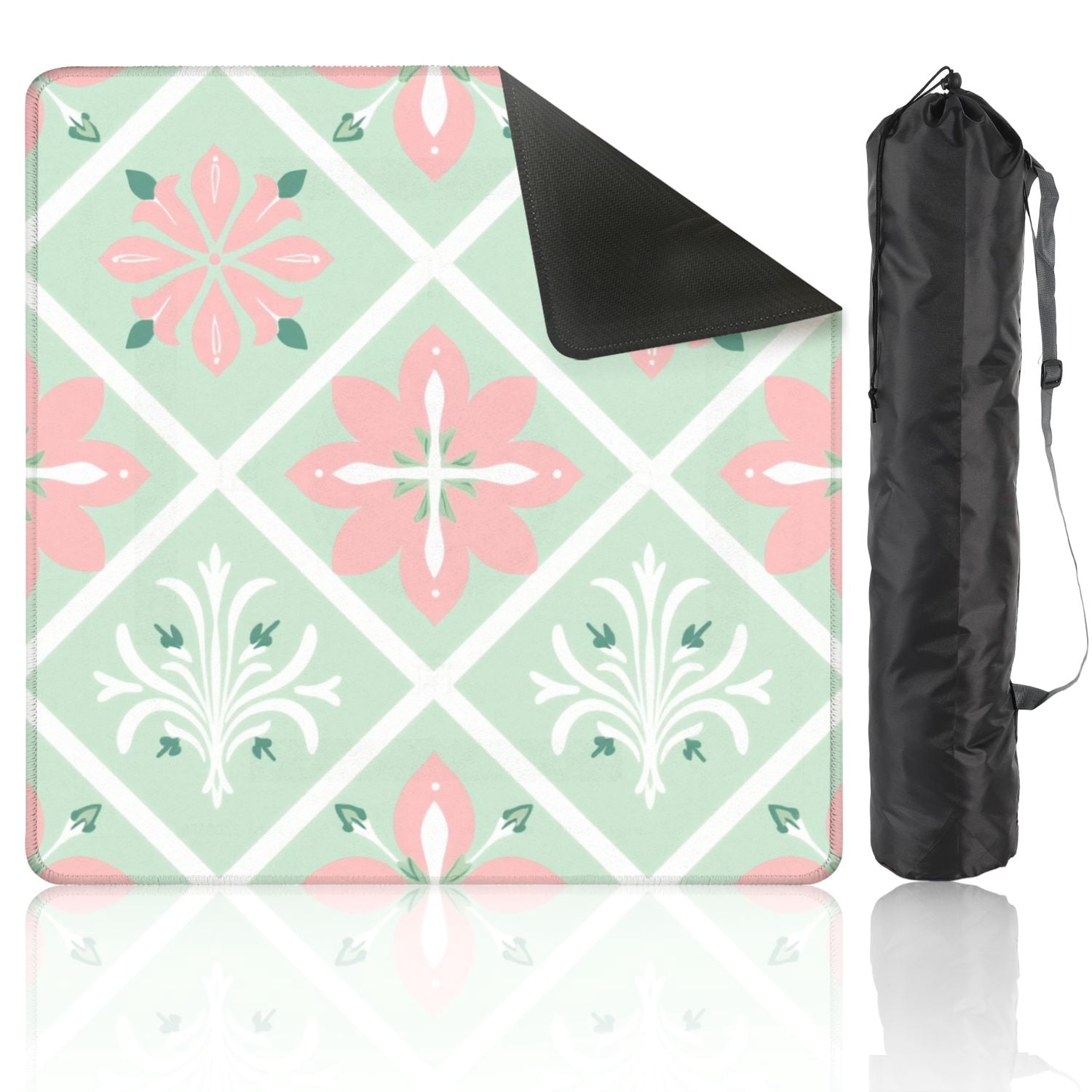 Mahjong Mat 31.5" x 31.5" Pastel Floral Geometric Pink Flowers Green Diamond Non-Slip Noise Reduction American Mahjong Tiles Table Cover for Dominoes Poker Card Board Games Gift