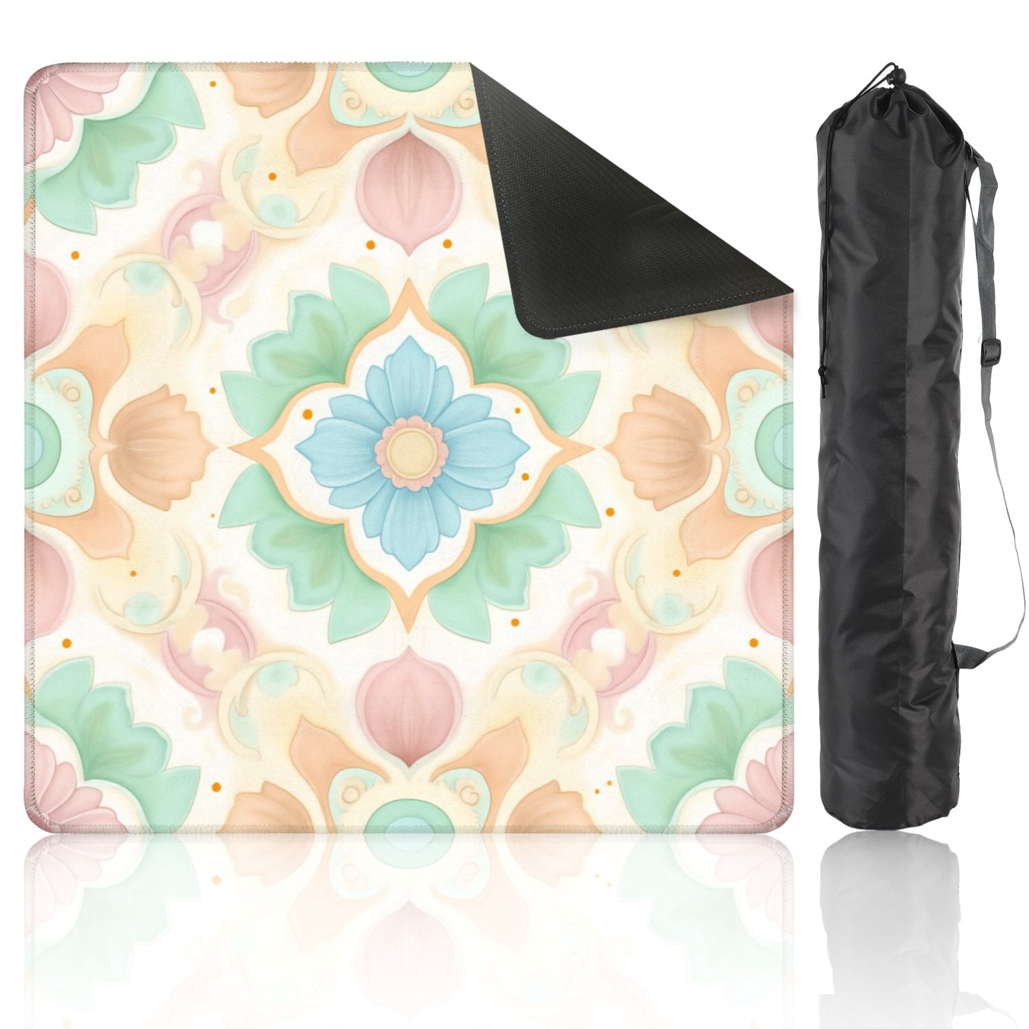 Mahjong Mat 31.5" x 31.5" Pastel Floral Mandala Symmetrical Ornamental Design Soft Blue Peach Non-Slip Noise Reduction American Mahjong Tiles Table Cover for Dominoes Poker Card Board Games Gift