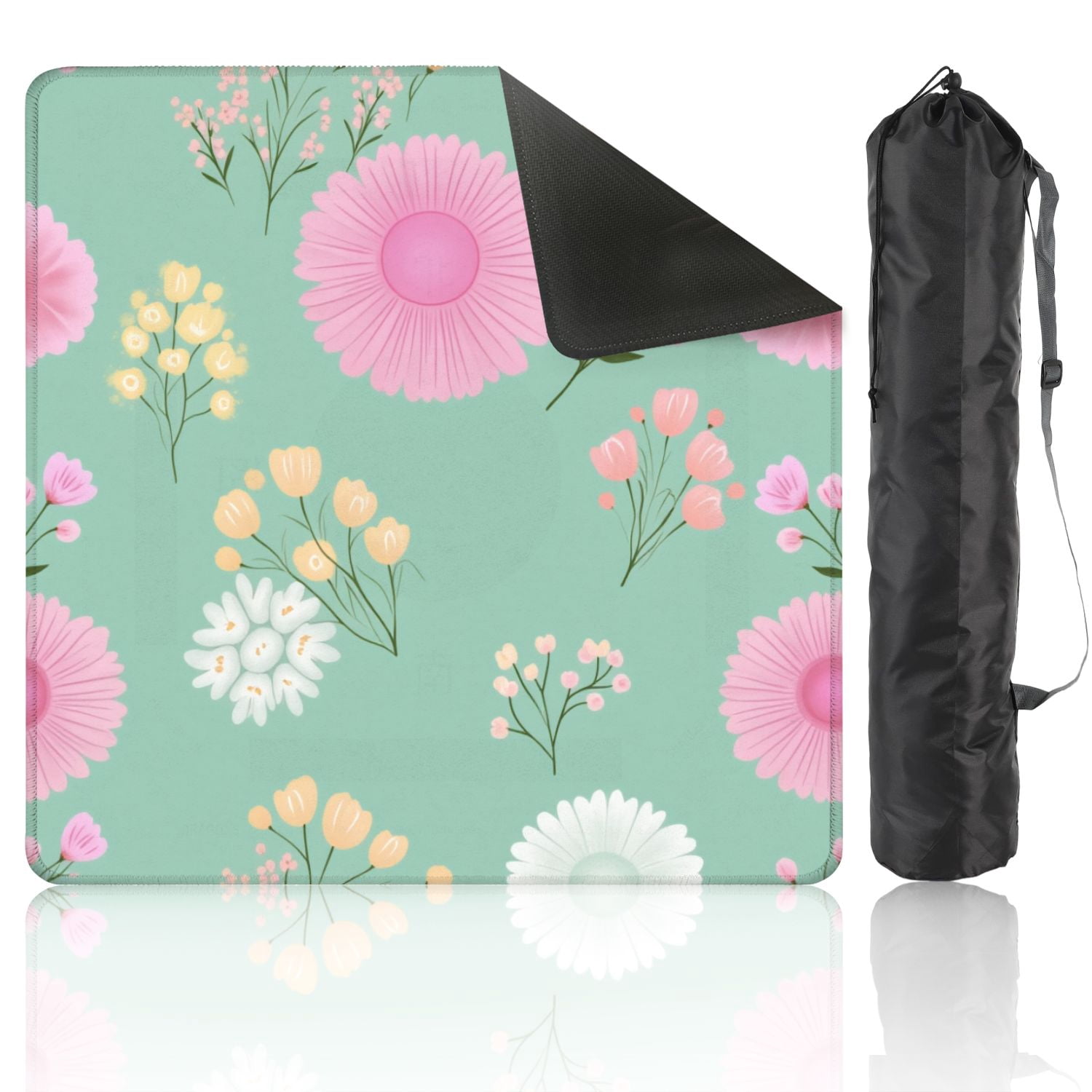 Mahjong Mat 31.5" x 31.5" Pastel Floral Pink Yellow White Flowers Mint Non-Slip Noise Reduction American Mahjong Tiles Table Cover for Dominoes Poker Card Board Games Gift