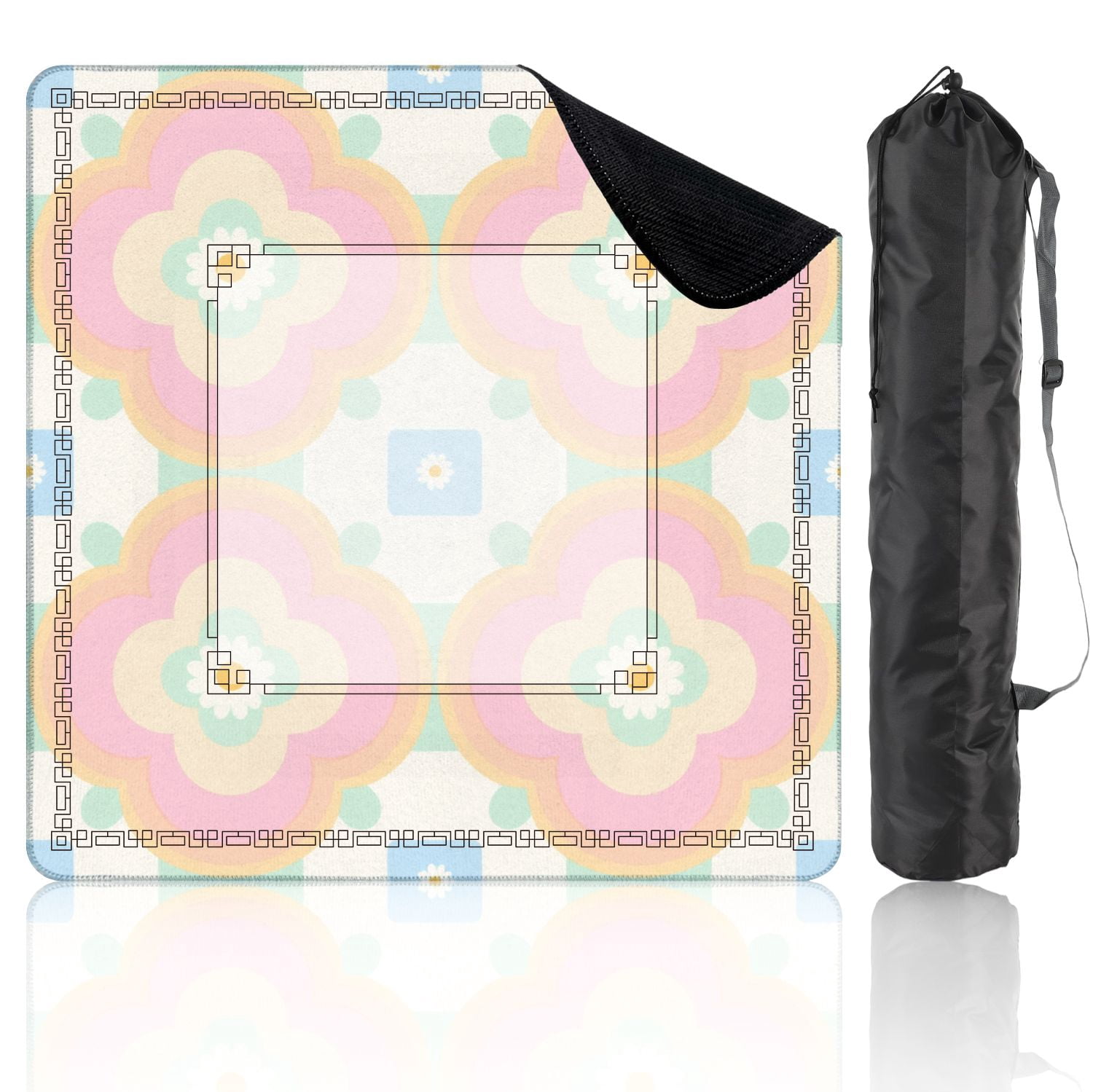 Mahjong Mat 31.5" x 31.5" Pastel Floral Seamless Geometric Retro Design Non-Slip Noise Reduction American Mahjong Tiles Table Cover for Dominoes Poker Card Board Games Gift