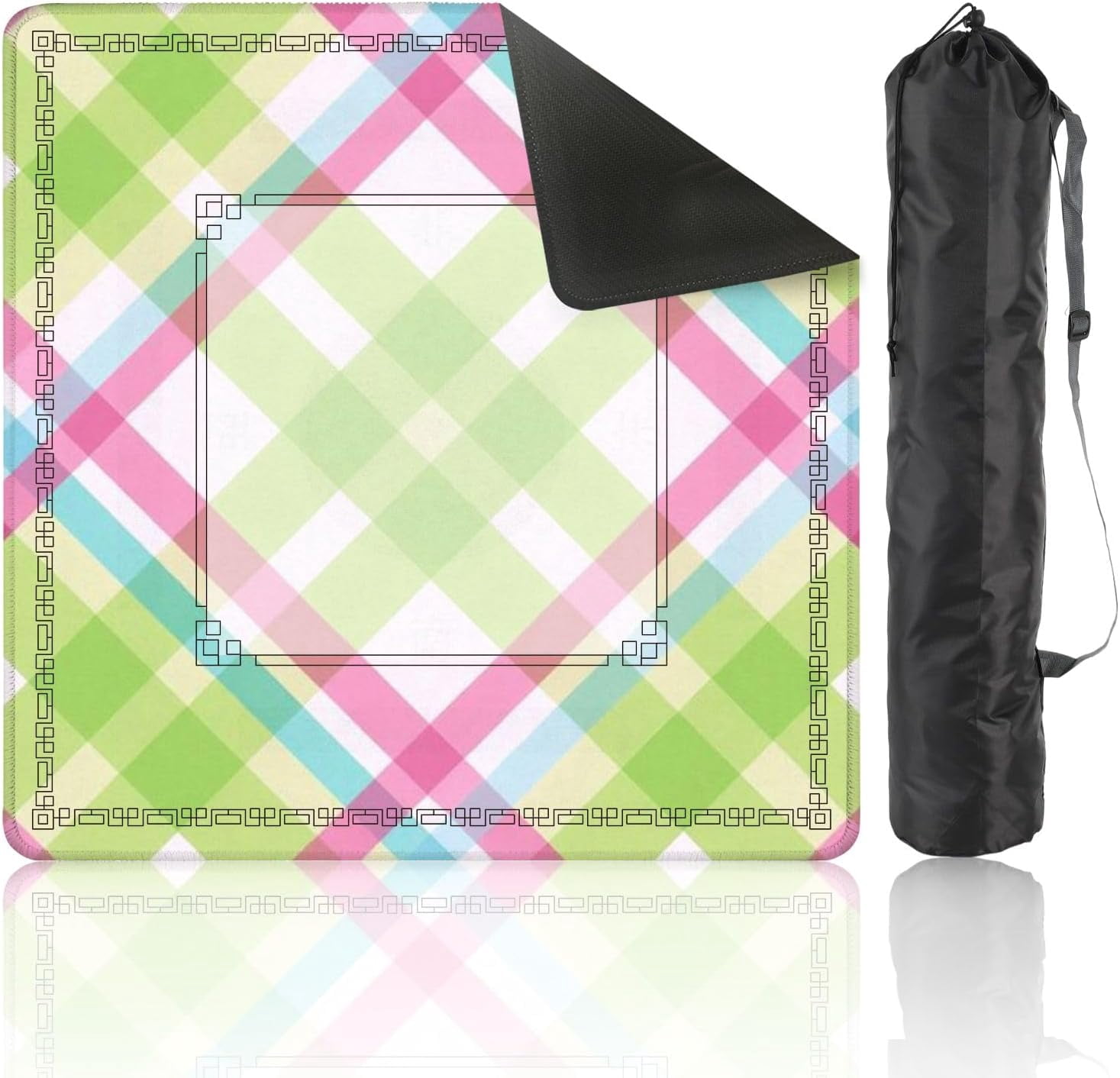 Mahjong Mat 31.5" x 31.5" Pastel Plaid Green Pink Blue Diagonal Stripes Non-Slip Noise Reduction Mahjong Tiles Table Cover for Dominoes Poker Card Board and Tile Games