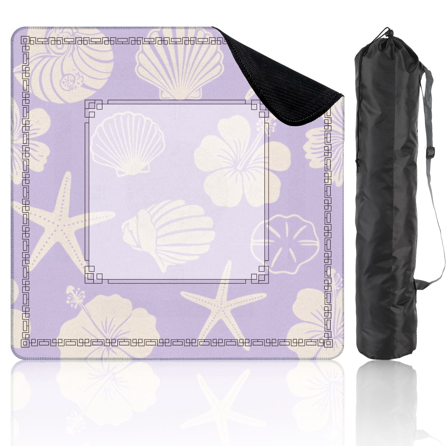 Mahjong Mat 31.5" x 31.5" Pastel Purple Tropical Seashell Starfish Hibiscus Flowers Non-Slip Noise Reduction American Mahjong Tiles Table Cover for Dominoes Poker Card Board Games Gift
