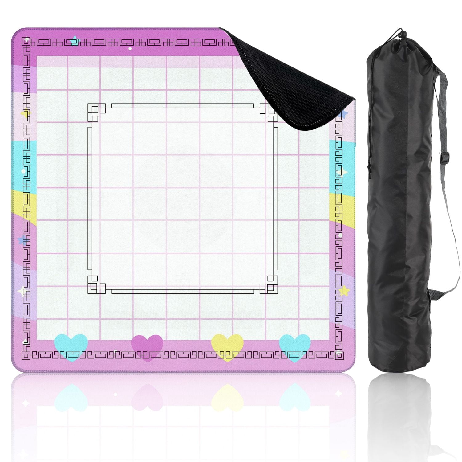 Mahjong Mat 31.5" x 31.5" Pastel Rainbow Heart Themed Grid Design Stars Clouds Non-Slip Noise Reduction American Mahjong Tiles Table Cover for Dominoes Poker Card Board Games Gift