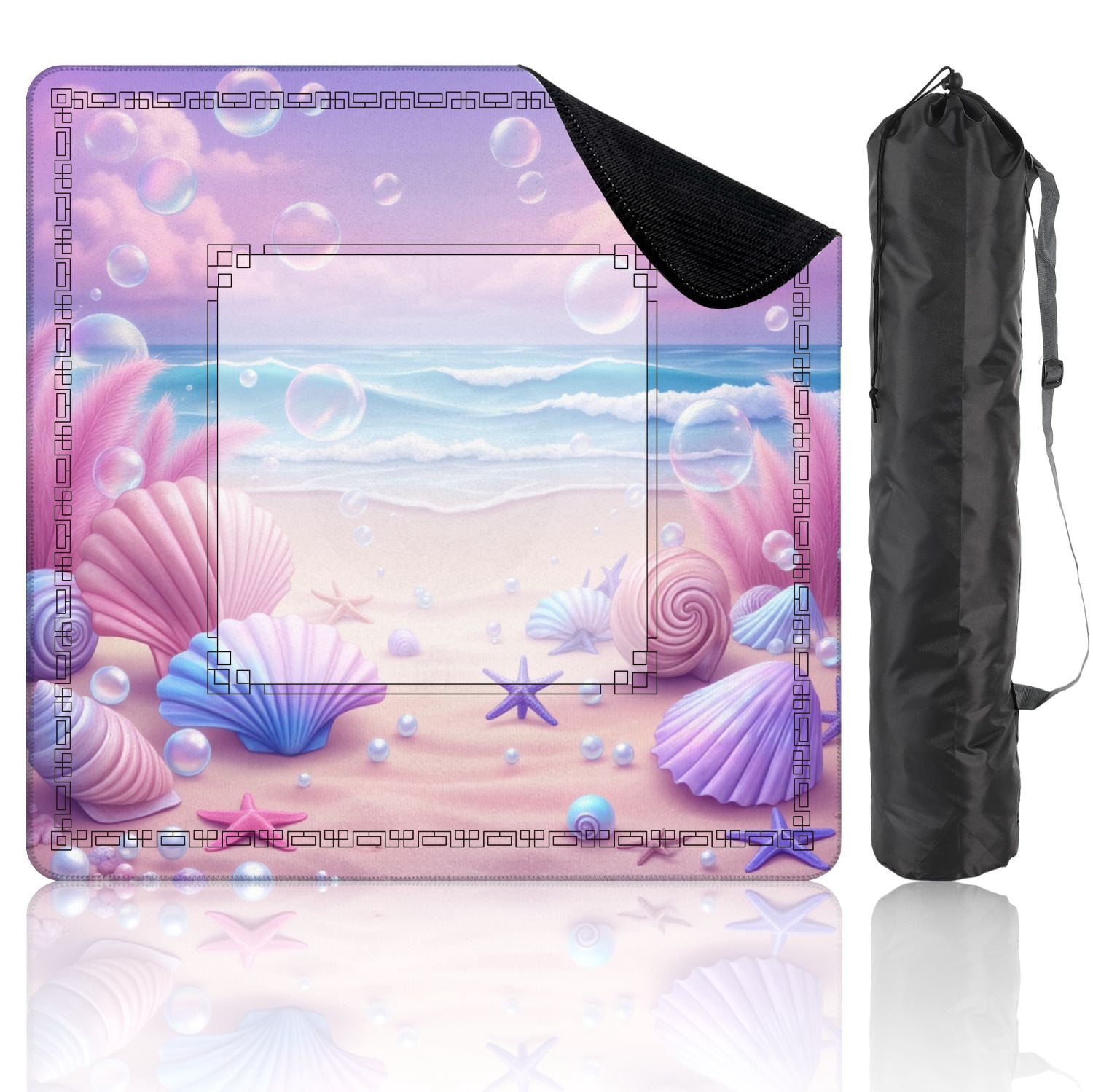 Mahjong Mat 31.5" x 31.5" Pastel Seashells Starfish Sandy Beach Bubbles Ocean Waves Non-Slip Noise Reduction American Mahjong Tiles Table Cover for Dominoes Poker Card Board Games Gift
