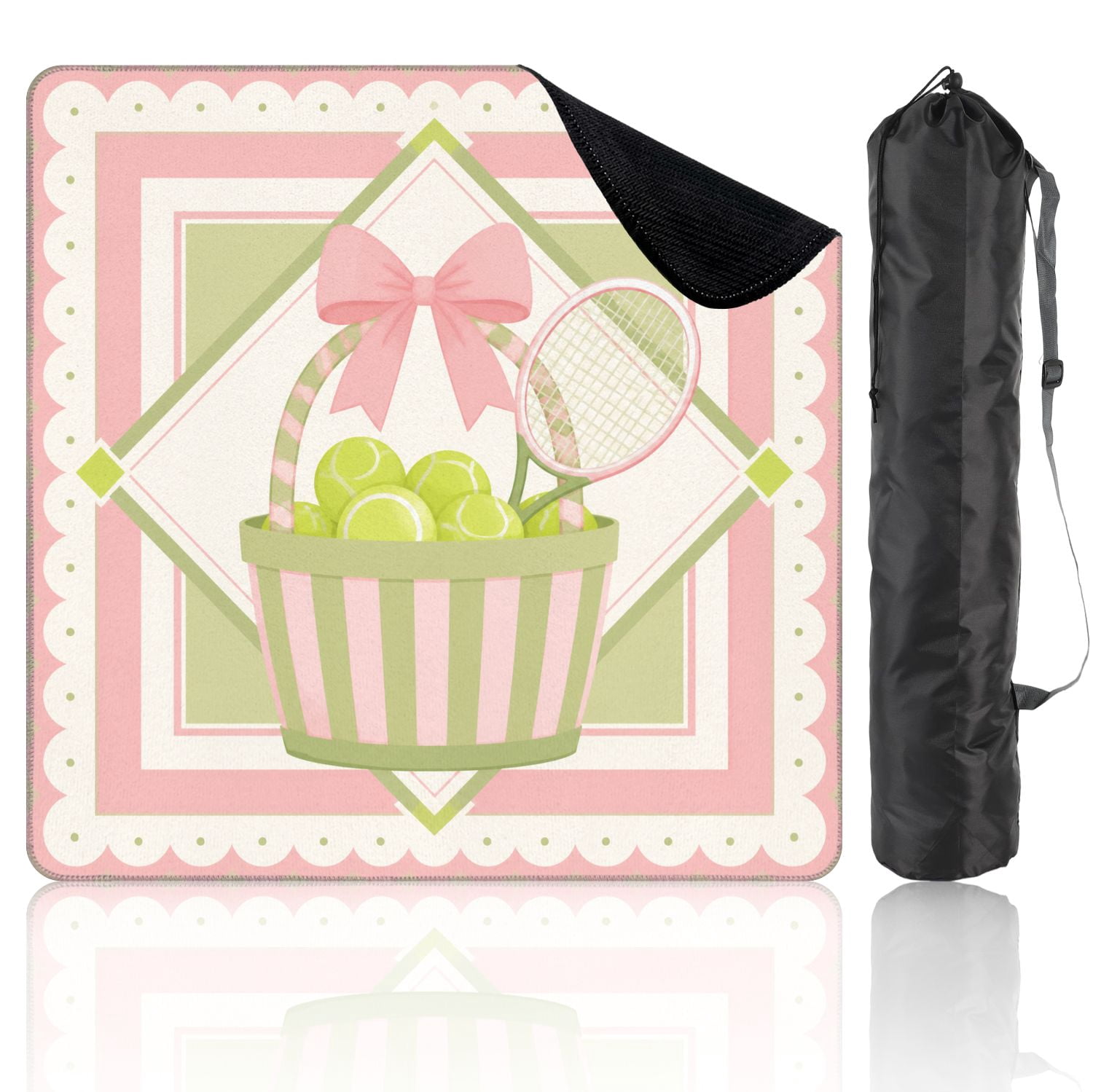 Mahjong Mat 31.5" x 31.5" Pastel Tennis Basket Green Pink Stripes Tennis Balls Racket Non-Slip Noise Reduction Mahjong Tiles Table Cover for Dominoes Poker Card Board and Tile Games
