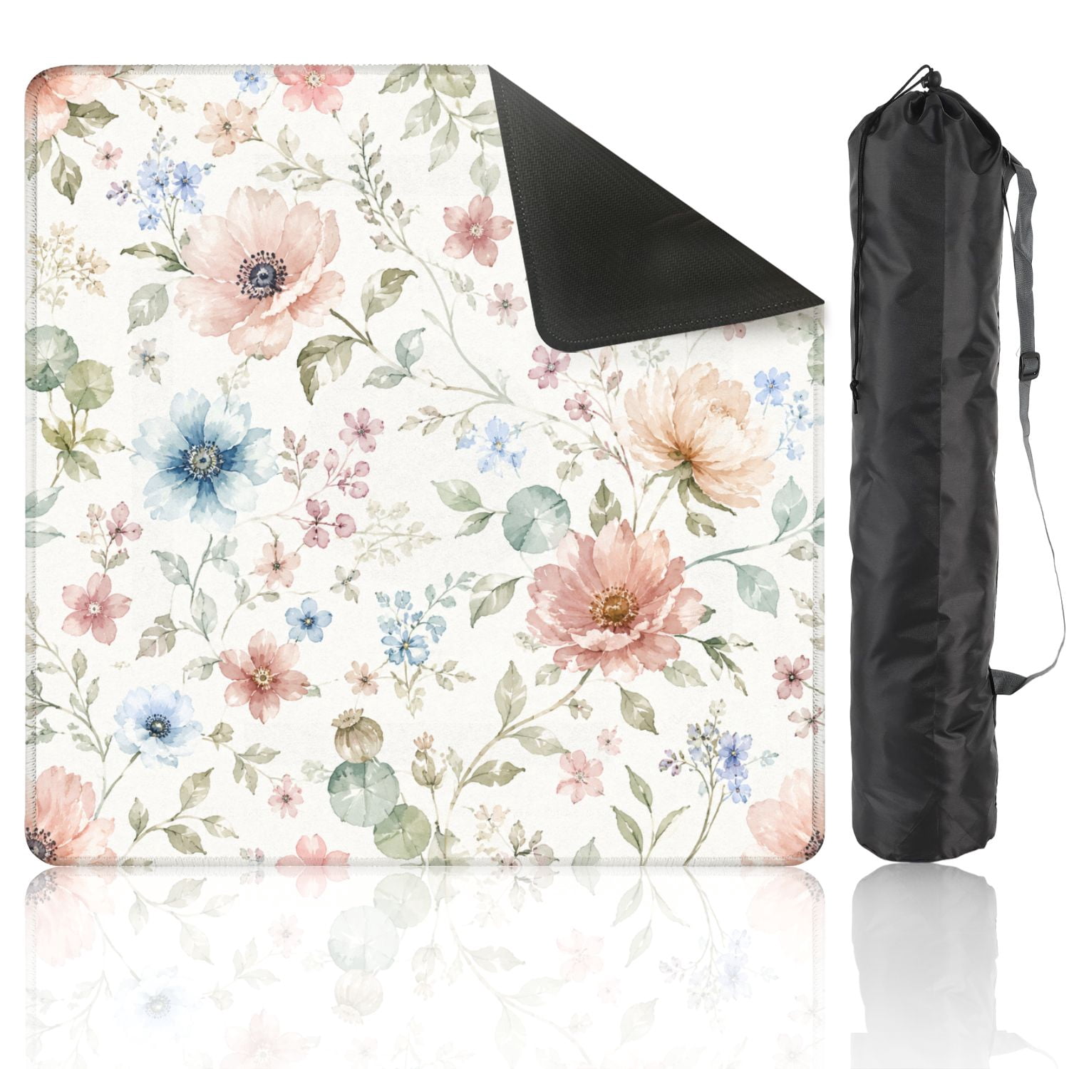 Mahjong Mat 31.5" x 31.5" Pastel Watercolor Floral Blue Blush Pink Flowers White Non-Slip Noise Reduction American Mahjong Tiles Table Cover for Dominoes Poker Card Board Games Gift