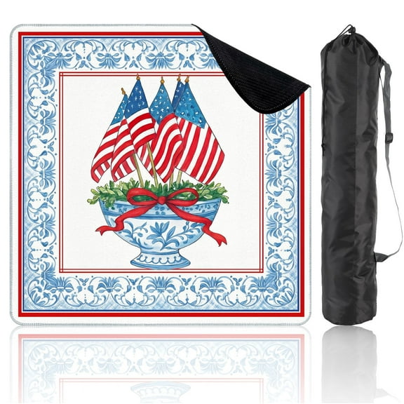 Mahjong Mat 31.5" x 31.5" Patriotic American Flags Blue Floral Bowl Red Ribbon Border Non-Slip Noise Reduction Mahjong Tiles Table Cover for Dominoes Poker Card Board and Tile Games