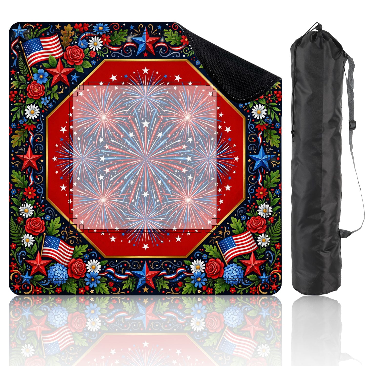 Mahjong Mat 31.5" x 31.5" Patriotic Fireworks American Flags Floral Borders Non-Slip Noise Reduction American Mahjong Tiles Table Cover for Dominoes Poker Card Board Games Gift