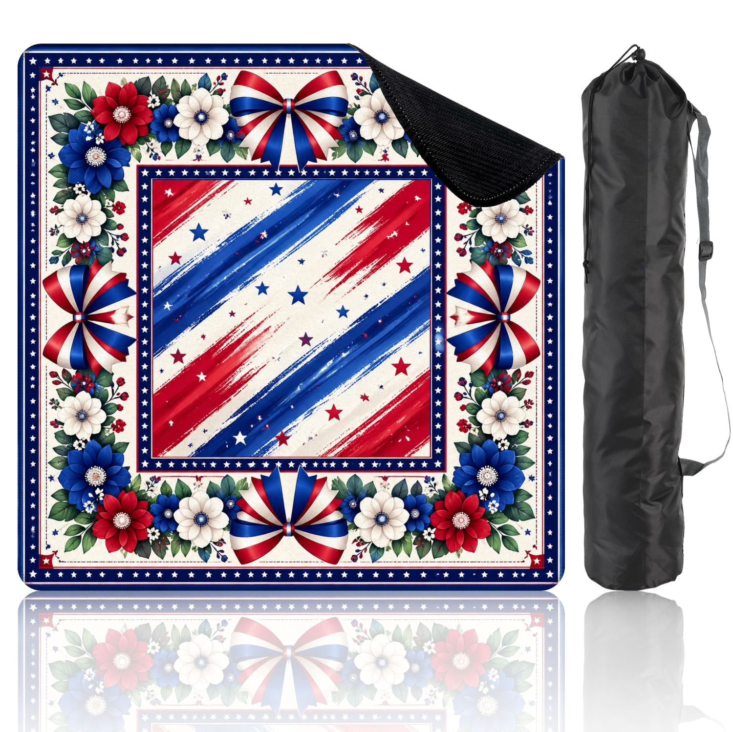 Mahjong Mat 31.5" x 31.5" Patriotic Red White Blue Floral Star Striped Bows Border Non-Slip Noise Reduction Mahjong Tiles Table Cover for Dominoes Poker Card Board and Tile Games