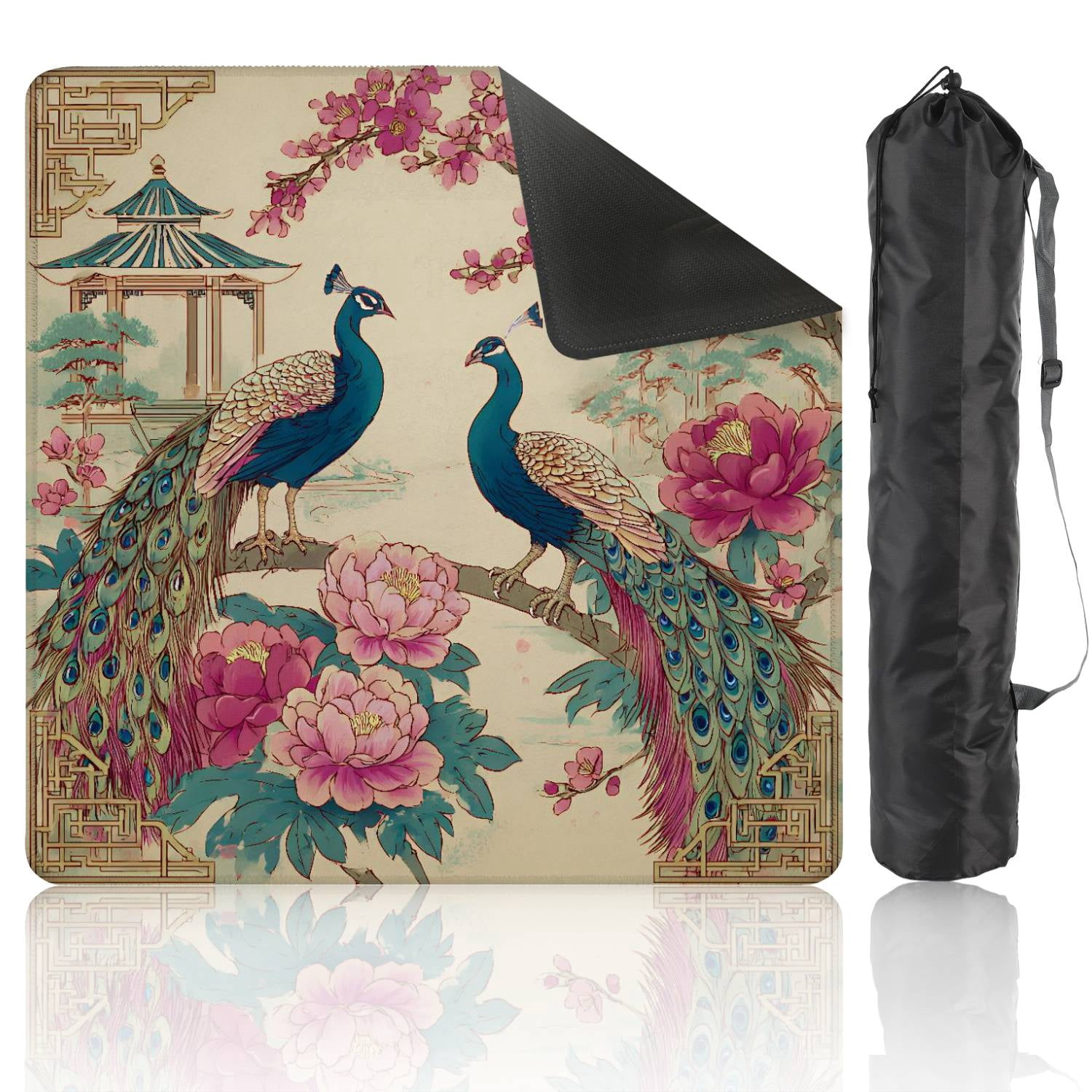 Mahjong Mat 31.5" x 31.5" Peacock Blossoming Flowers Traditional Chinese Landscape Non-Slip Noise Reduction American Mahjong Tiles Table Cover for Dominoes Poker Card Board Games Gift