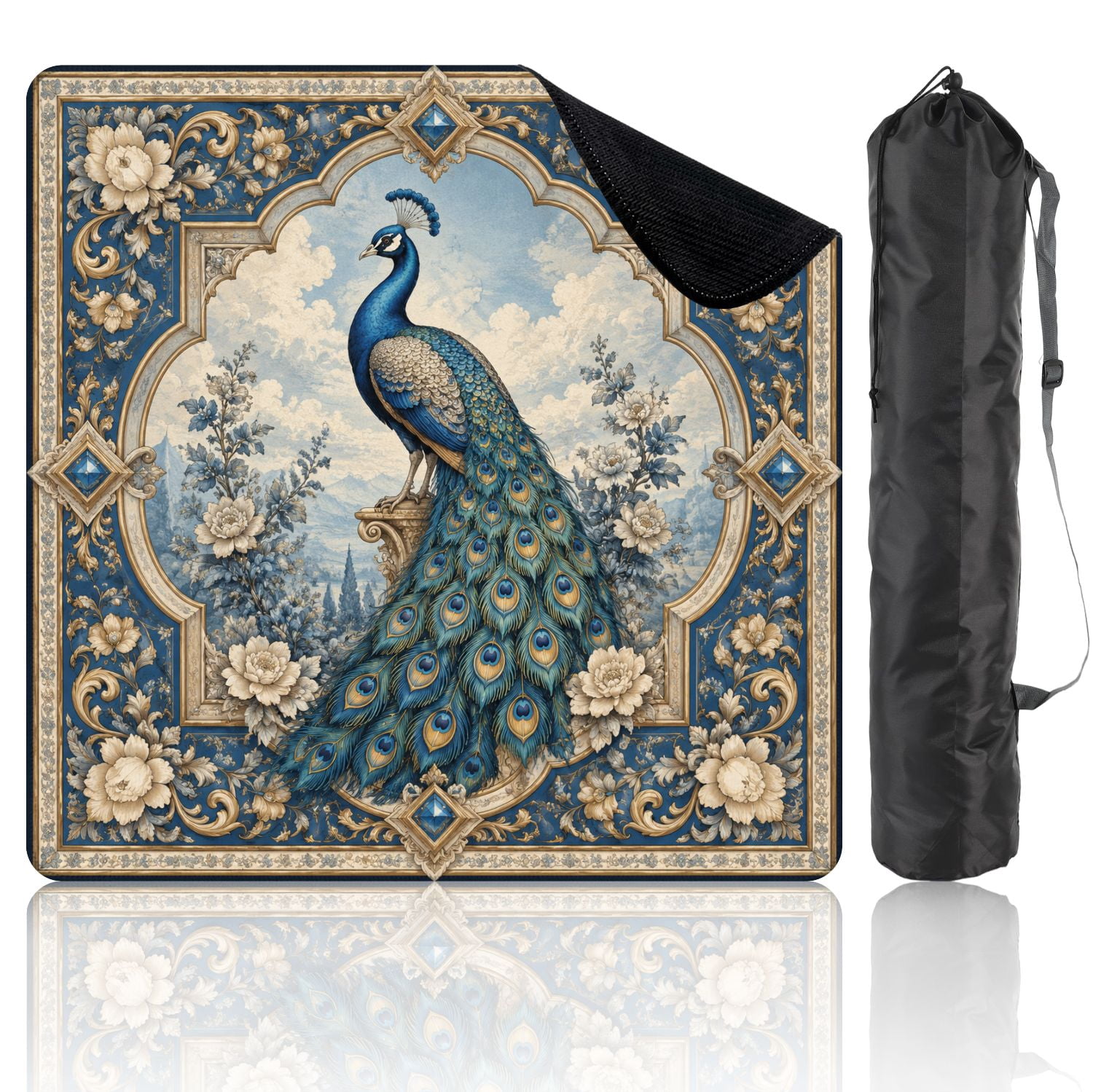 Mahjong Mat 31.5" x 31.5" Peacock Blue Teal Intricate Decorative Framing Non-Slip Noise Reduction Mahjong Tiles Table Cover for Dominoes Poker Card Board and Tile Games
