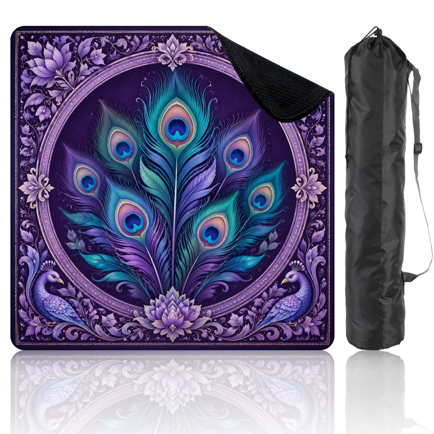 Mahjong Mat 31.5" x 31.5" Peacock Feather Purple Teal Ornamental Mandala Frame Non-Slip Noise Reduction Chic Portable Gaming Table Cover for Family Game Night & Gift
