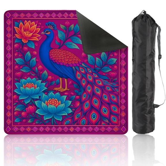 Mahjong Mat 31.5" x 31.5" Peacock Lotus Flowers Vibrant Floral Folk Art Anti-Slip and Noise Reduction Symmetry Design Mahjong Tiles Table Cover for Dominoes Poker Card Board and Tile Games