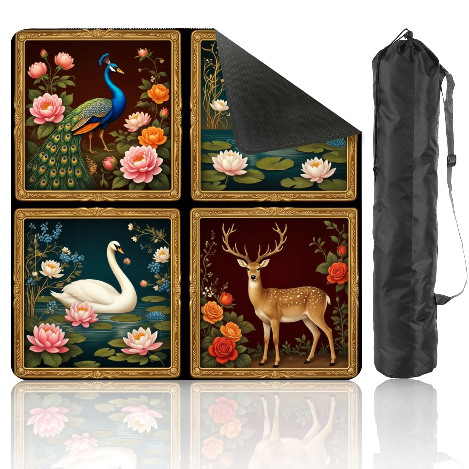 Mahjong Mat 31.5" x 31.5" Peacock Swan Deer Lotus Flowers Roses Classic Botanical Art Style Non-Slip Noise Reduction American Mahjong Tiles Table Cover for Dominoes Poker Card Board Games Gift