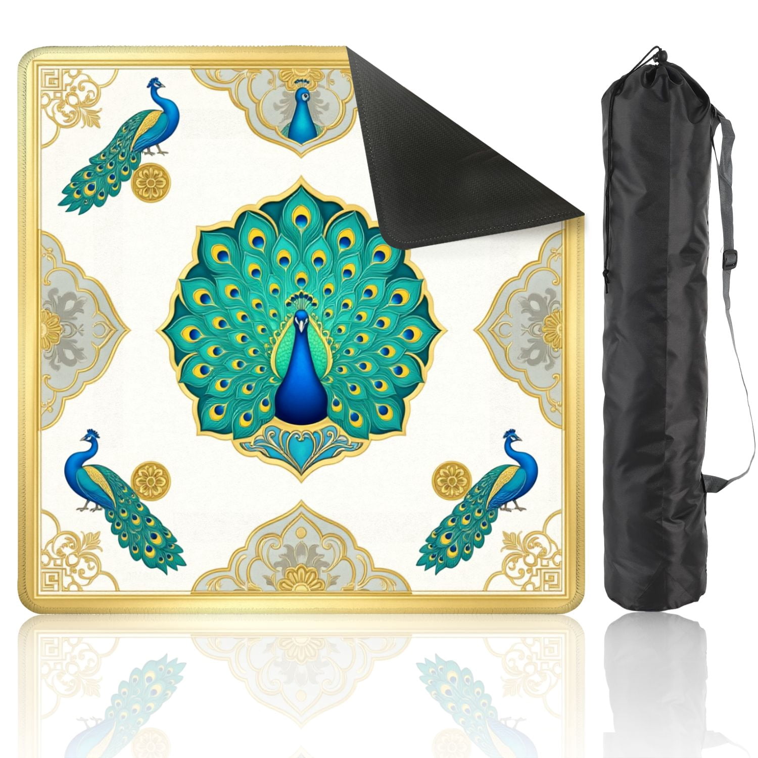 Mahjong Mat 31.5" x 31.5" Peacock Vibrant Blue Green Feathers Elegant Floral Non-Slip Noise Reduction American Mahjong Tiles Table Cover for Dominoes Poker Card Board Games Gift