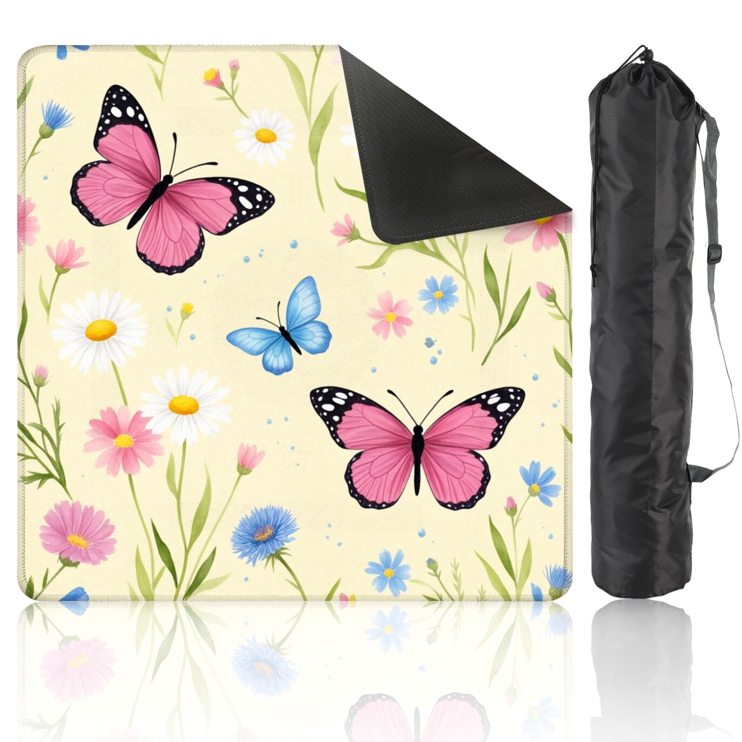 Mahjong Mat 31.5" x 31.5" Pink Blue Butterflies Wildflowers Pastel Yellow Non-Slip Noise Reduction American Mahjong Tiles Table Cover for Dominoes Poker Card Board Games Gift