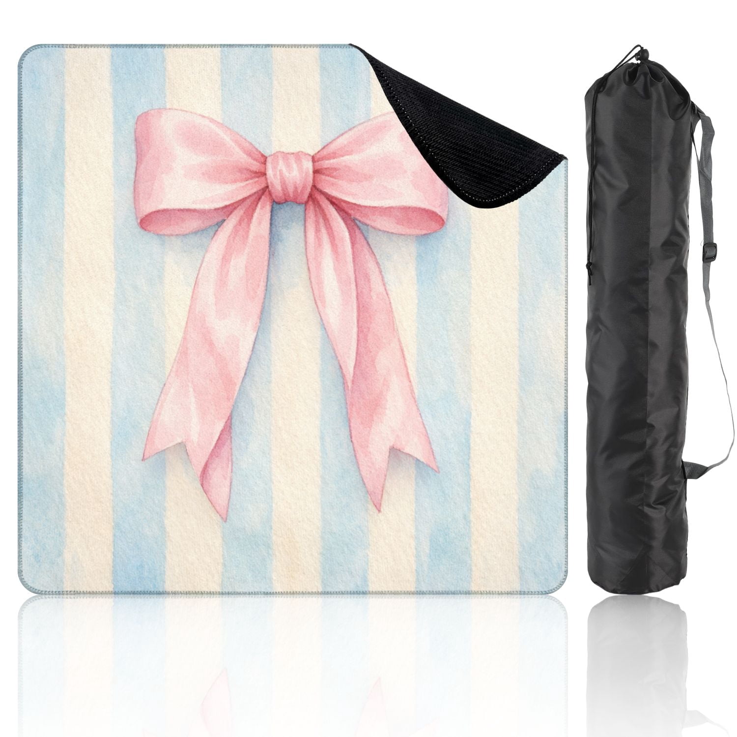 Mahjong Mat 31.5" x 31.5" Pink Bow Light Blue White Striped Soft Watercolor Style Non-Slip Noise Reduction Mahjong Tiles Table Cover for Dominoes Poker Card Board and Tile Games