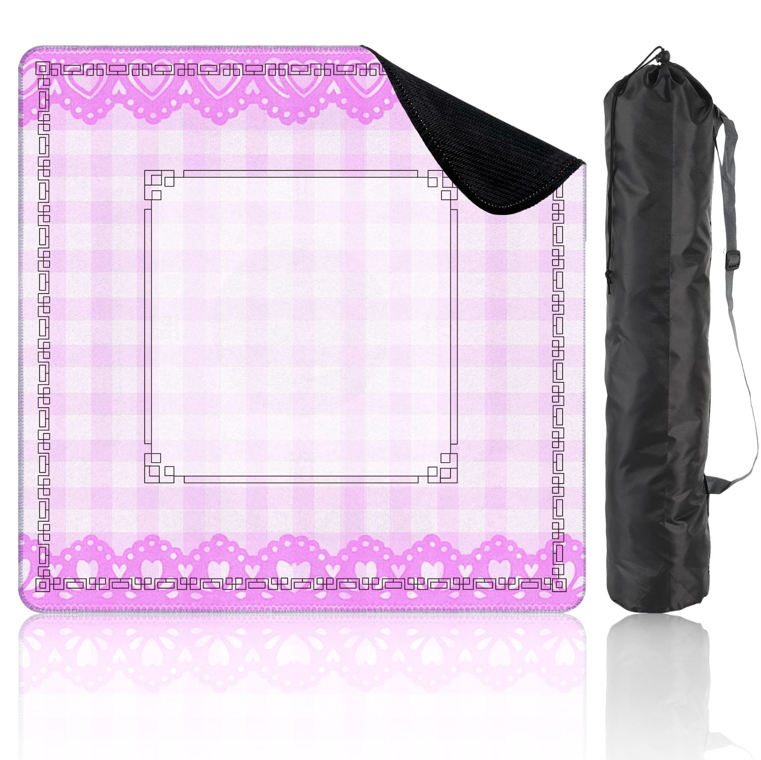 Mahjong Mat 31.5" x 31.5" Pink Checkered Heart Lace Trim Design Non-Slip Noise Reduction American Mahjong Tiles Table Cover for Dominoes Poker Card Board Games Gift
