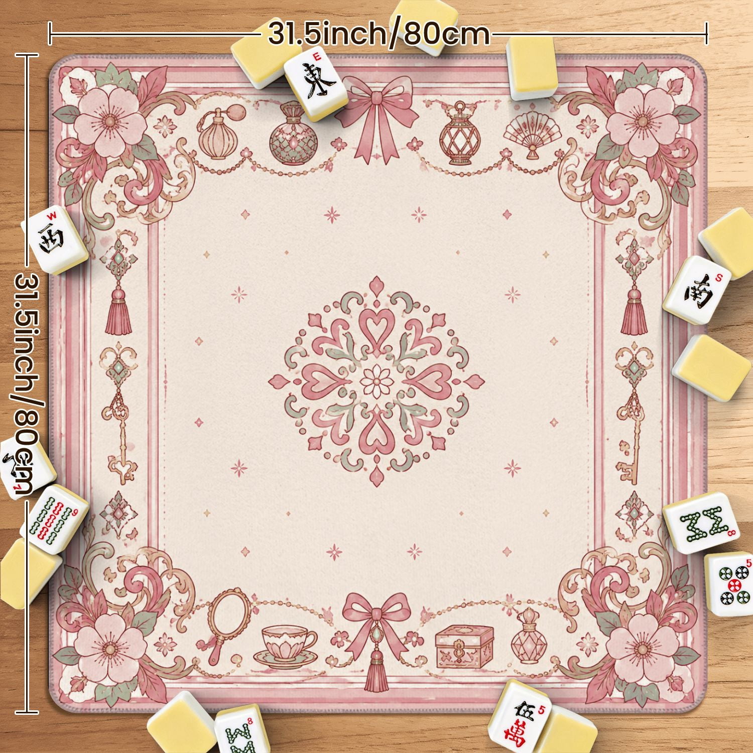 Mahjong Mat 31.5" x 31.5" Pink Cherry Blossom Floral Decorative Borders Bows Non-Slip Noise Reduction American Mahjong Tiles Table Cover for Dominoes Poker Card Board Games Gift