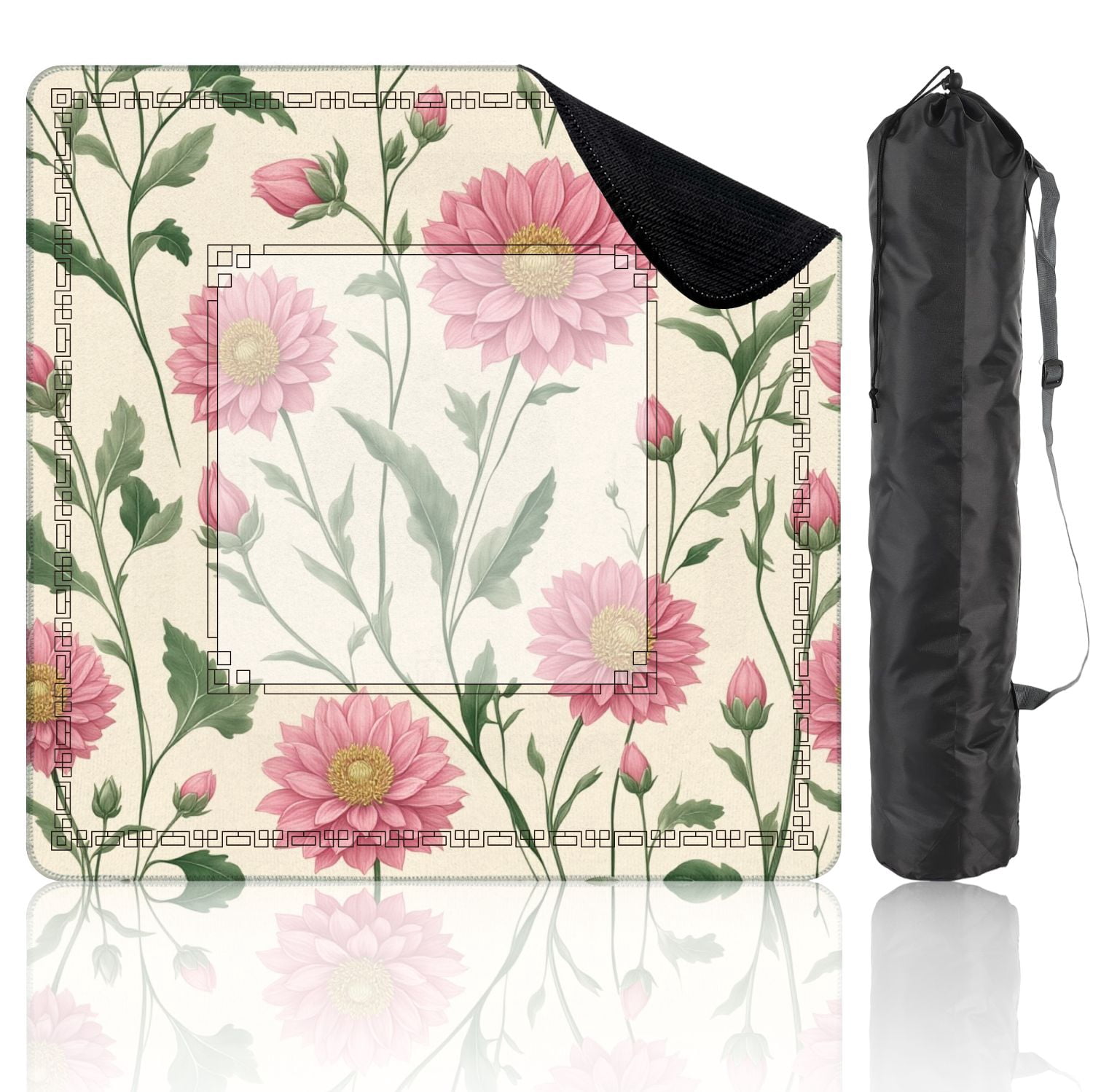 Mahjong Mat 31.5" x 31.5" Pink Chrysanthemum Floral Green Leaves Cream Non-Slip Noise Reduction American Mahjong Tiles Table Cover for Dominoes Poker Card Board Games Gift