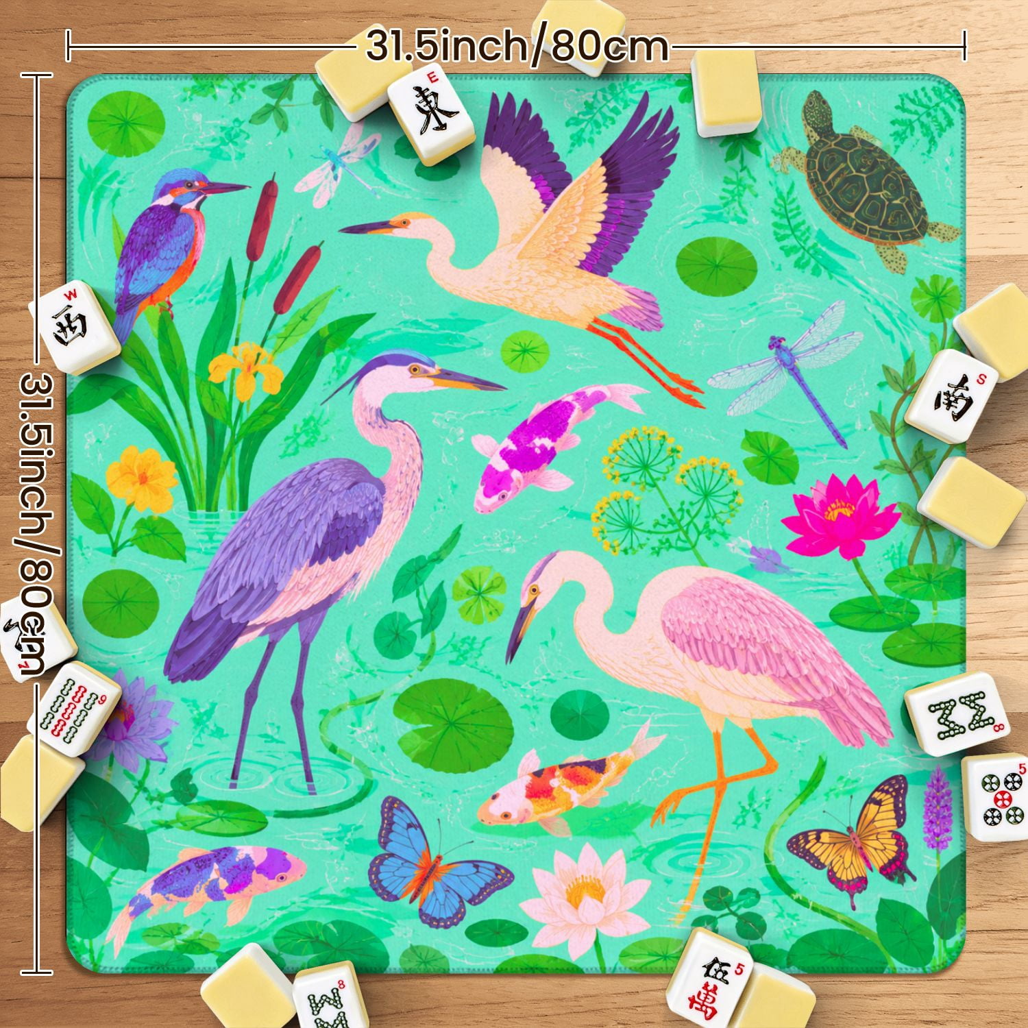 Mahjong Mat 31.5" x 31.5" Pink Colorful Fish Water Lilies Non-Slip Noise Reduction American Mahjong Tiles Table Cover for Dominoes Poker Card Board Games Gift