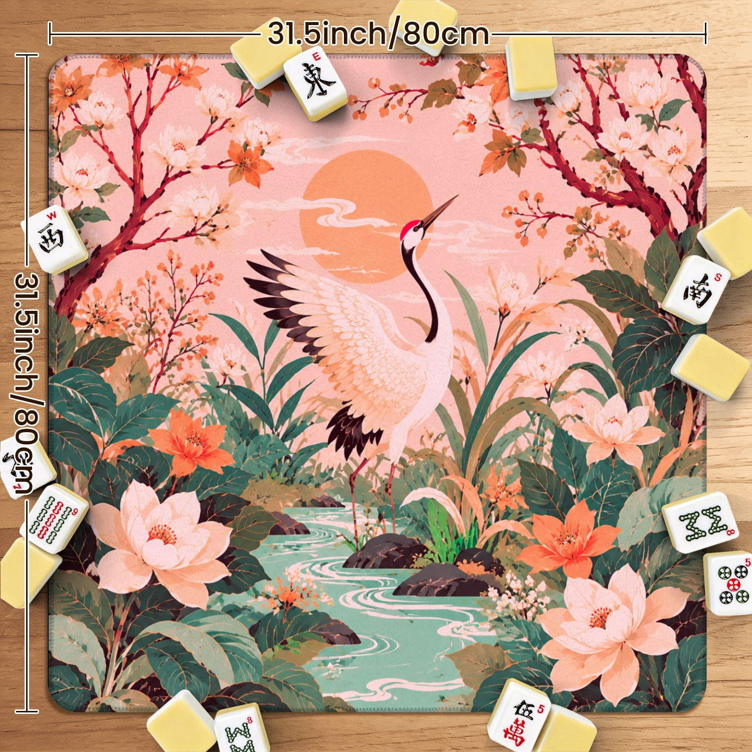 Mahjong Mat 31.5" x 31.5" Pink Crane Standing Lotus Flowers Traditional Floral Watercolor Non-Slip Noise Reduction American Mahjong Tiles Table Cover for Dominoes Poker Card Board Games Gift