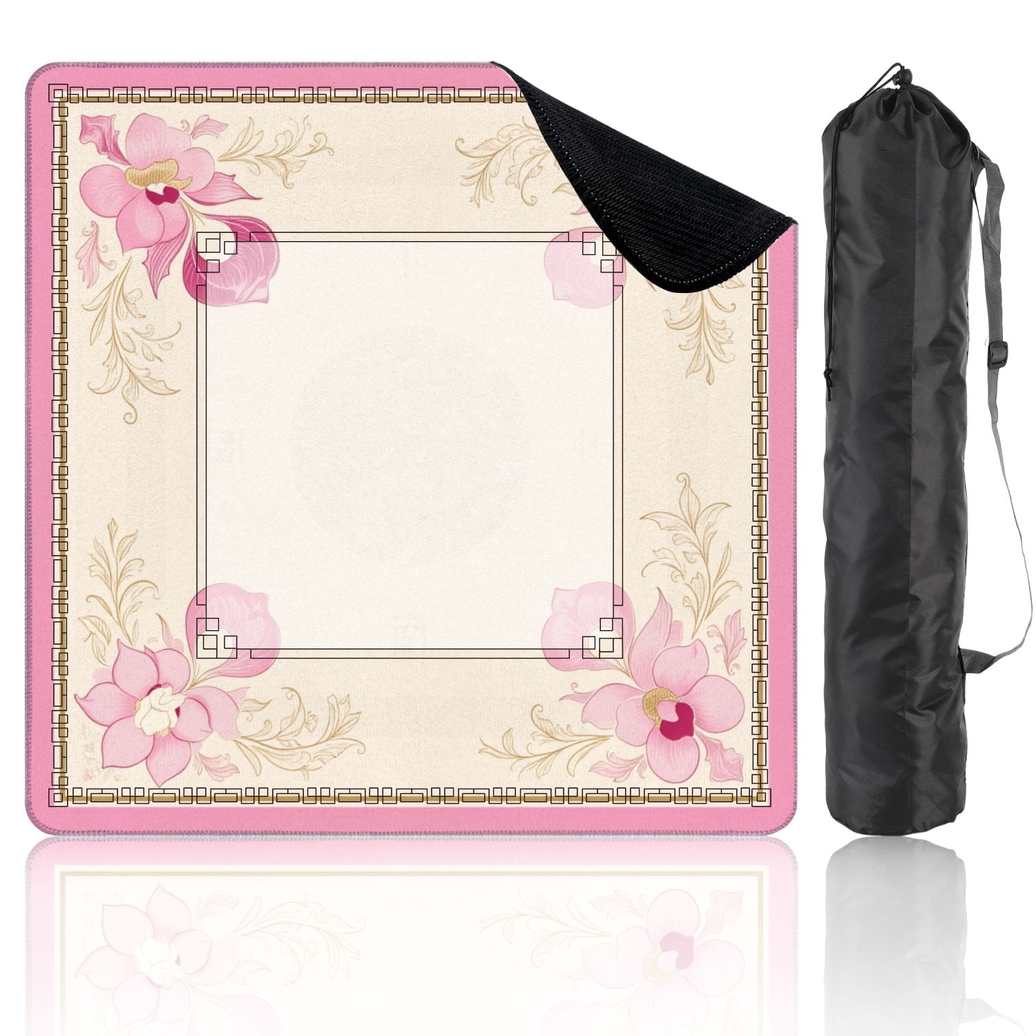 Mahjong Mat 31.5" x 31.5" Pink Floral Corner Frame Elegant Swirls Soft Pastel Design Non-Slip Noise Reduction American Mahjong Tiles Table Cover for Dominoes Poker Card Board Games Gift