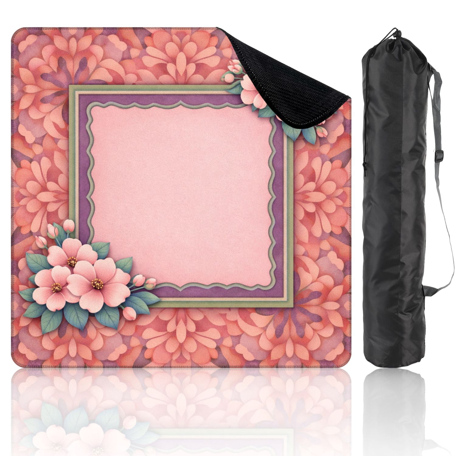 Mahjong Mat 31.5" x 31.5" Pink Floral Frame Layered Border Abstract Flower Non-Slip Noise Reduction Mahjong Tiles Table Cover for Dominoes Poker Card Board and Tile Games