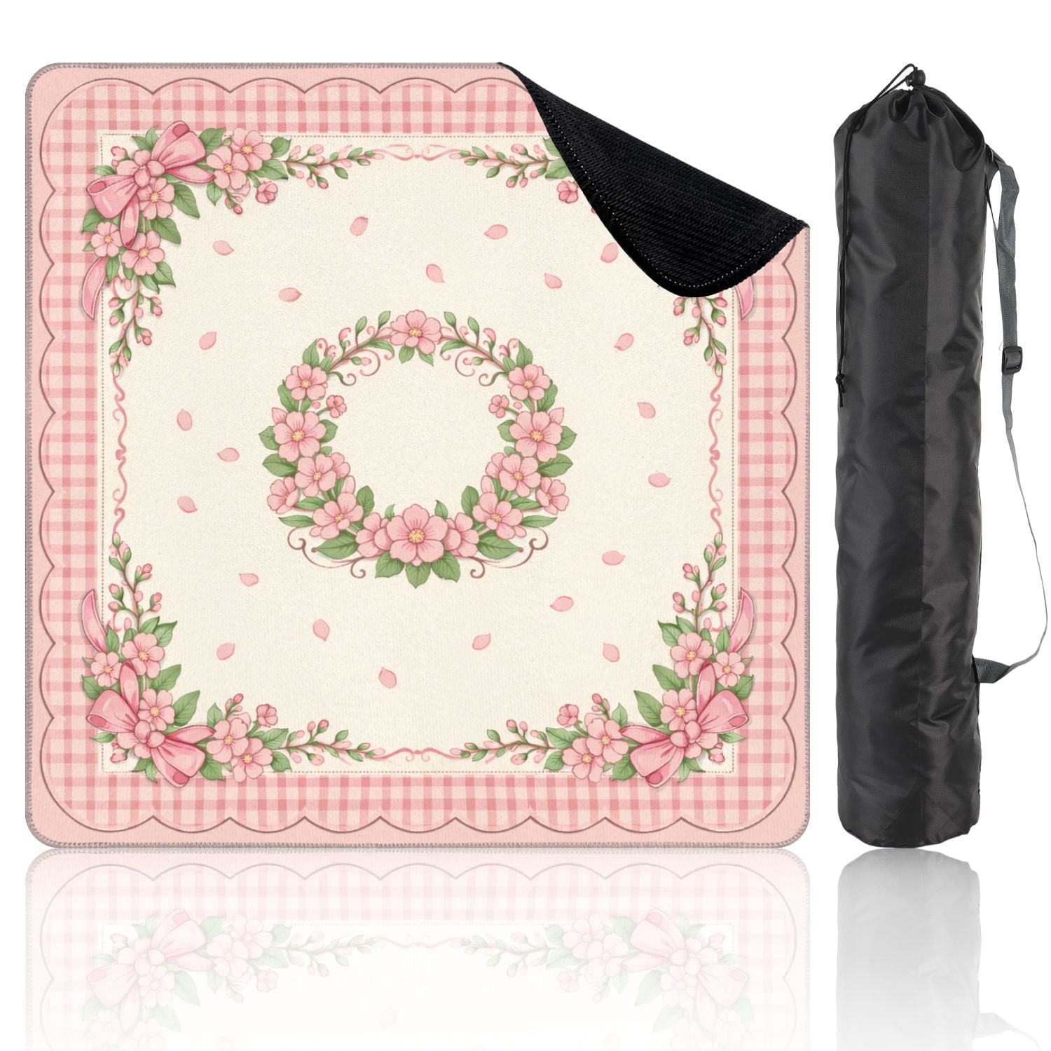 Mahjong Mat 31.5" x 31.5" Pink Floral Gingham Bows Central Non-Slip Noise Reduction Mahjong Tiles Table Cover for Dominoes Poker Card Board and Tile Games