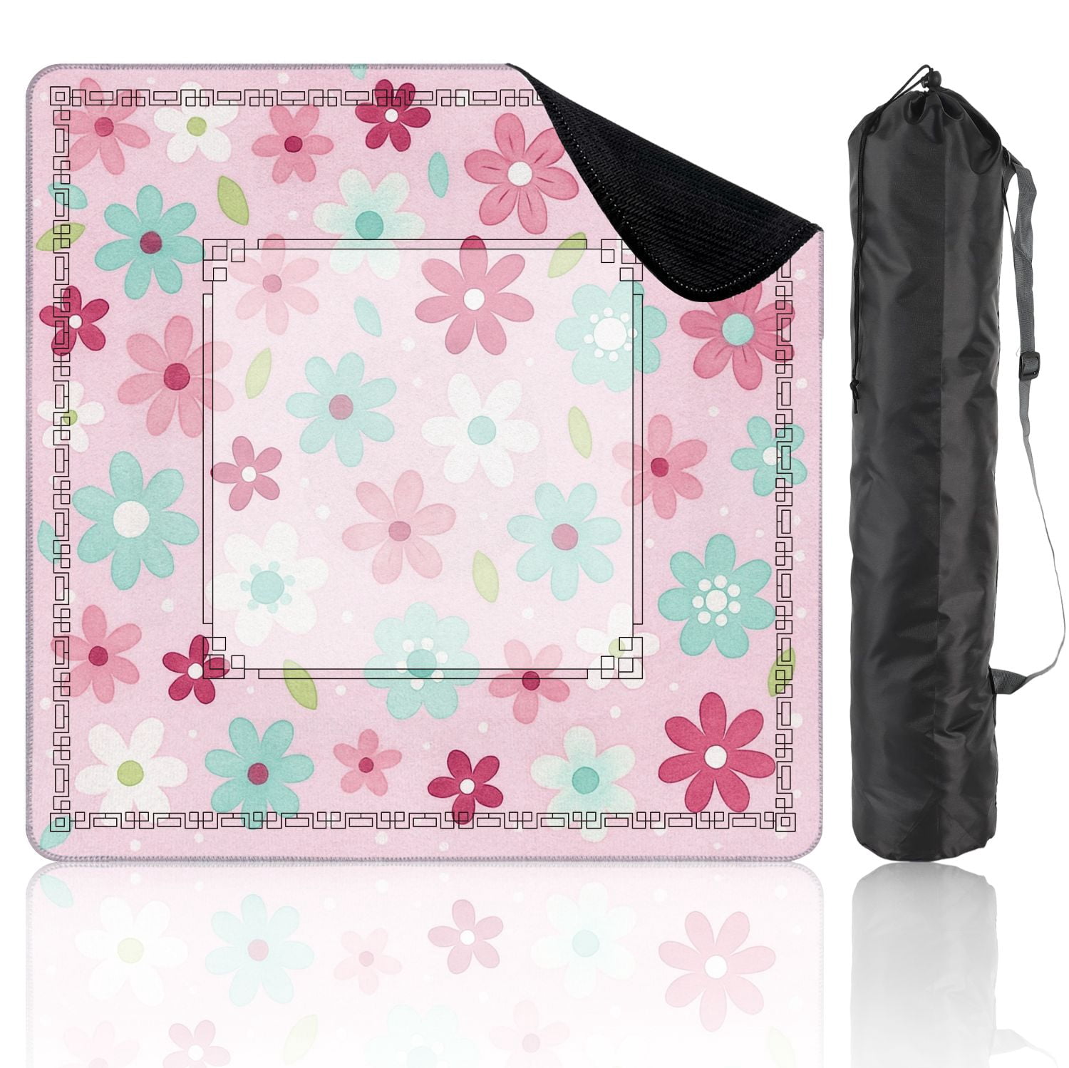 Mahjong Mat 31.5" x 31.5" Pink Floral Mint Green Red Flowers Leaves Soft Pink Non-Slip Noise Reduction American Mahjong Tiles Table Cover for Dominoes Poker Card Board Games Gift
