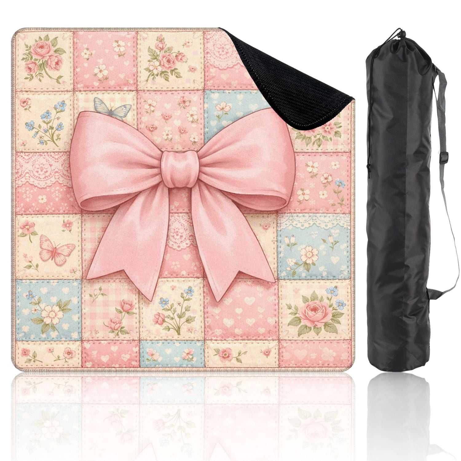 Mahjong Mat 31.5" x 31.5" Pink Floral Patchwork Bow Butterflies Non-Slip Noise Reduction Mahjong Tiles Table Cover for Dominoes Poker Card Board and Tile Games