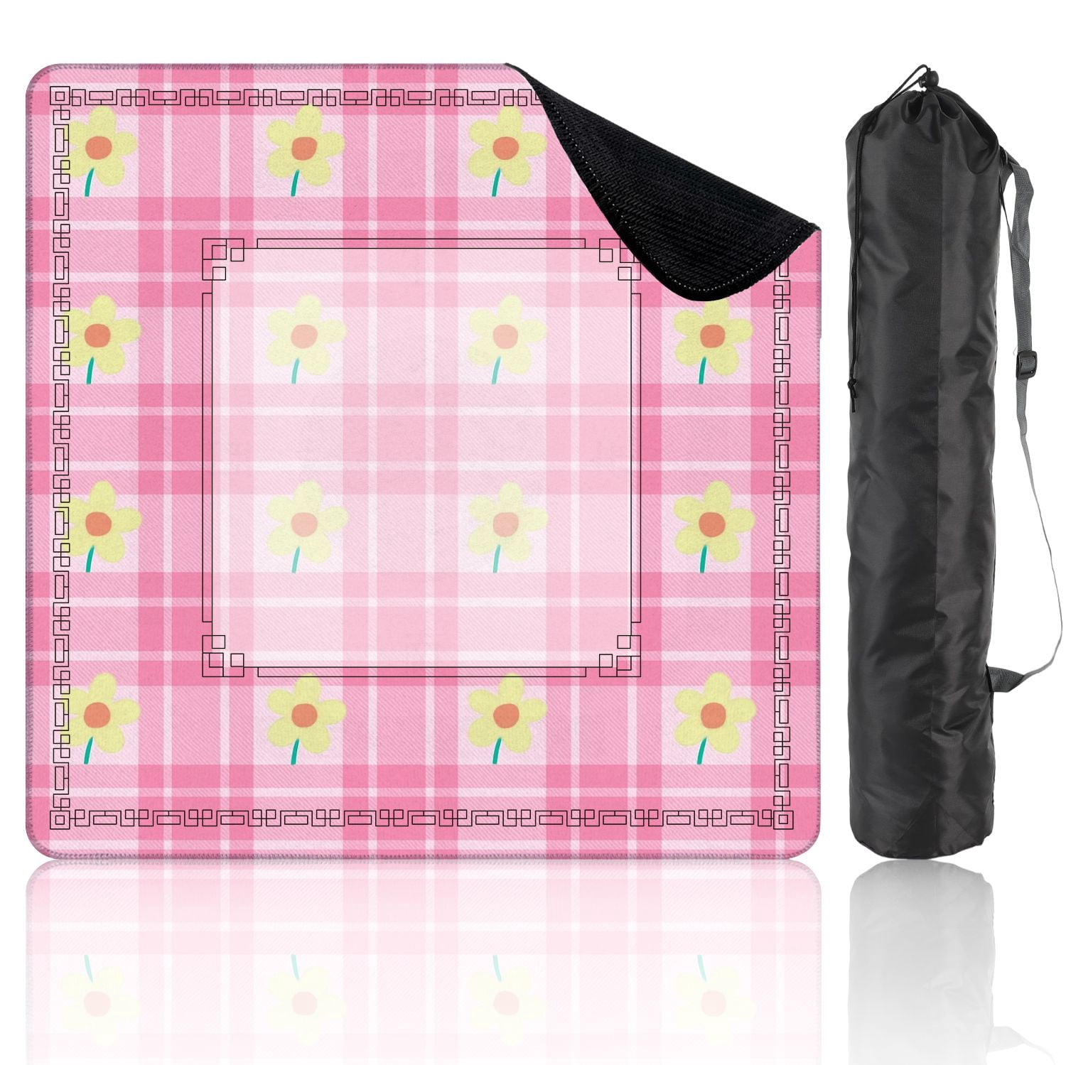 Mahjong Mat 31.5" x 31.5" Pink Floral Plaid Yellow Daisies Green Stems Non-Slip Noise Reduction American Mahjong Tiles Table Cover for Dominoes Poker Card Board Games Gift