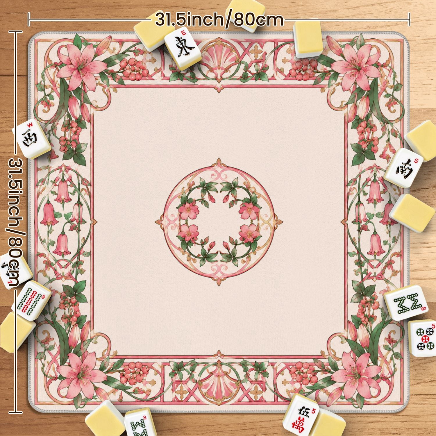 Mahjong Mat 31.5" x 31.5" Pink Floral Wreath Ornamental Border Non-Slip Noise Reduction American Mahjong Tiles Table Cover for Dominoes Poker Card Board Games Gift