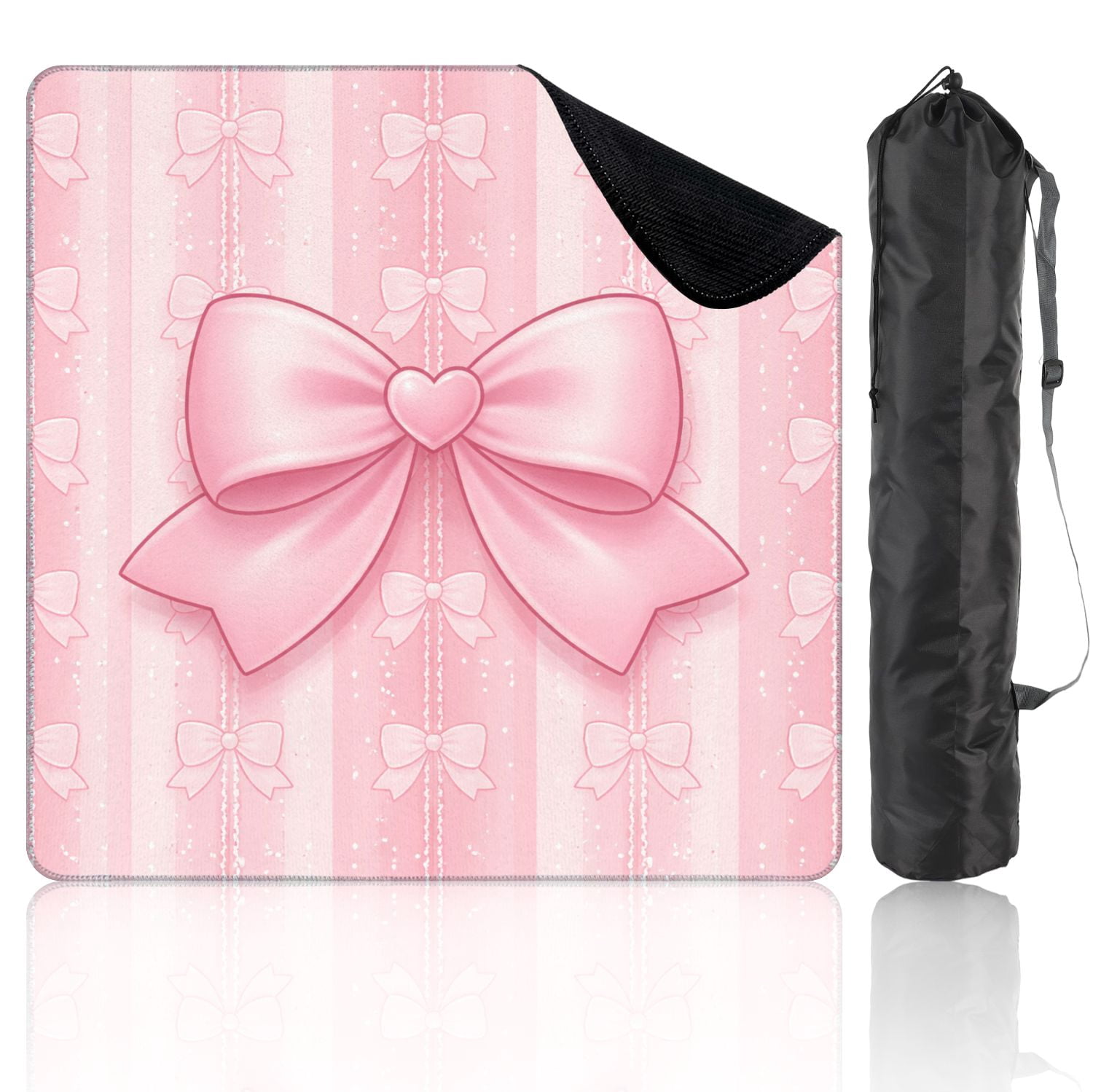 Mahjong Mat 31.5" x 31.5" Pink Heart Shaped Bow Subtle Glitter Stripes Non-Slip Noise Reduction Mahjong Tiles Table Cover for Dominoes Poker Card Board and Tile Games