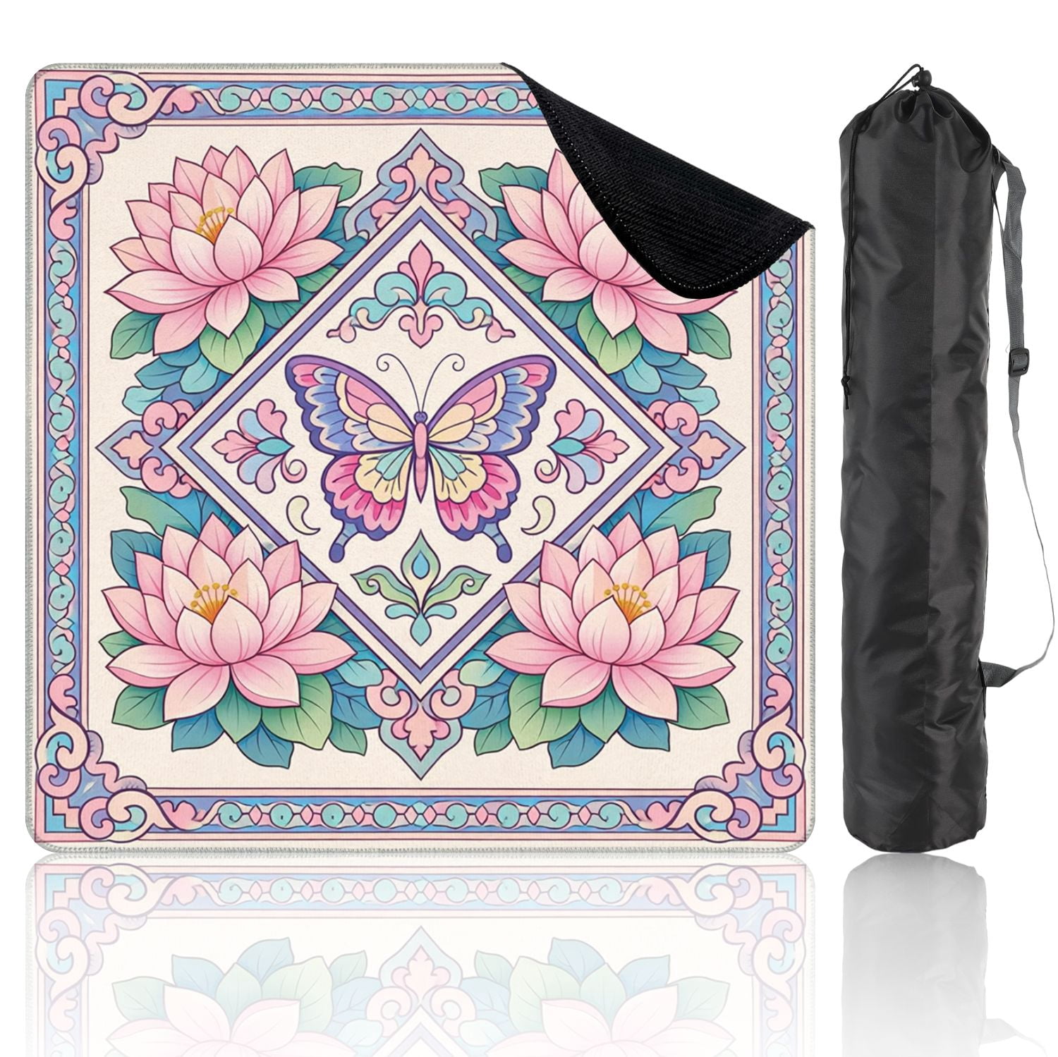 Mahjong Mat 31.5" x 31.5" Pink Lotus Flowers Butterfly Elegant Decorative Style Non-Slip Noise Reduction Mahjong Tiles Table Cover for Dominoes Poker Card Board and Tile Games