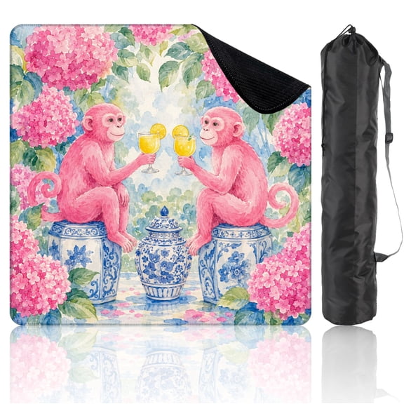 Mahjong Mat 31.5" x 31.5" Pink Monkeys Enjoying Lemonade Surrounded by Hydrangeas Watercolor Non-Slip Noise Reduction Mahjong Accessories Gifts for Board and Tile Games