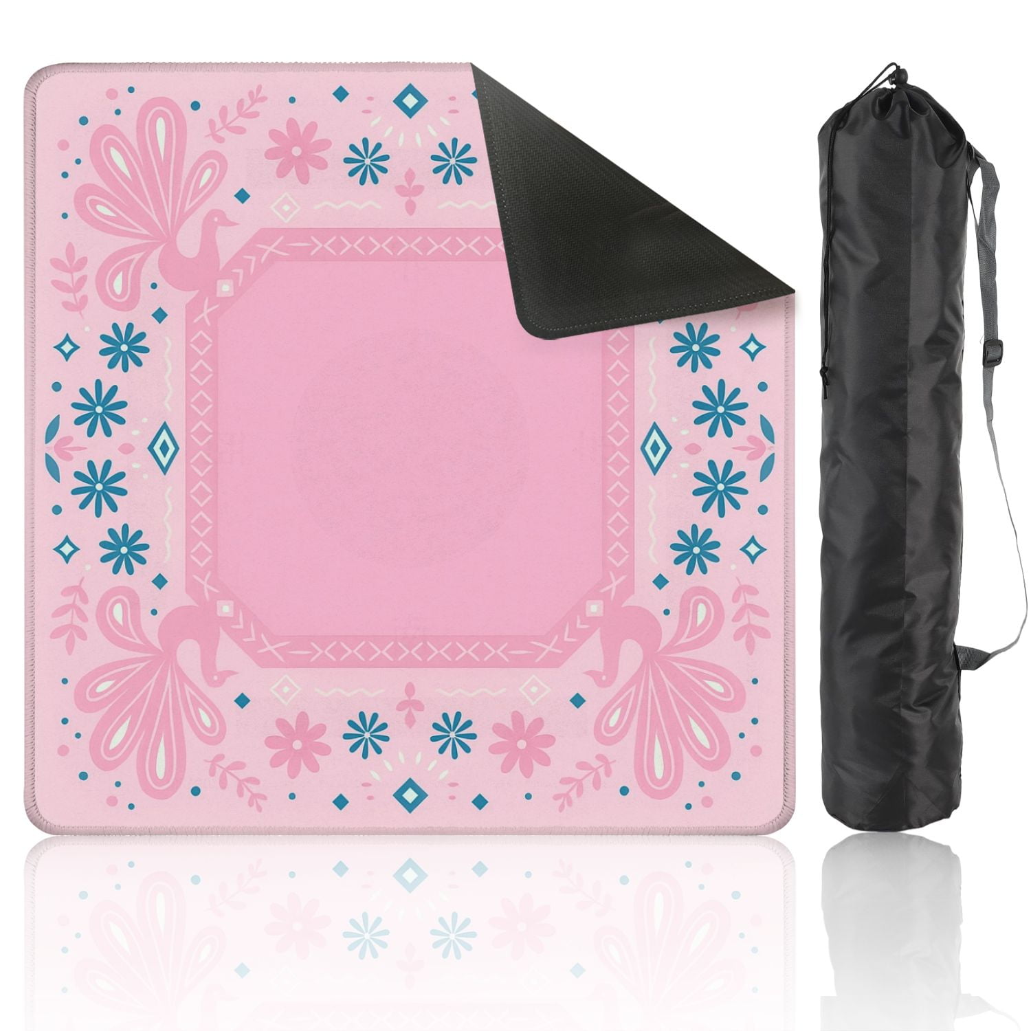 Mahjong Mat 31.5" x 31.5" Pink Peacock Floral Geometric Shapes Decorative Elements Anti-Slip and Noise Reduction Symmetry Design Mahjong Tiles Table Cover for Dominoes Poker Card Board and Tile Games