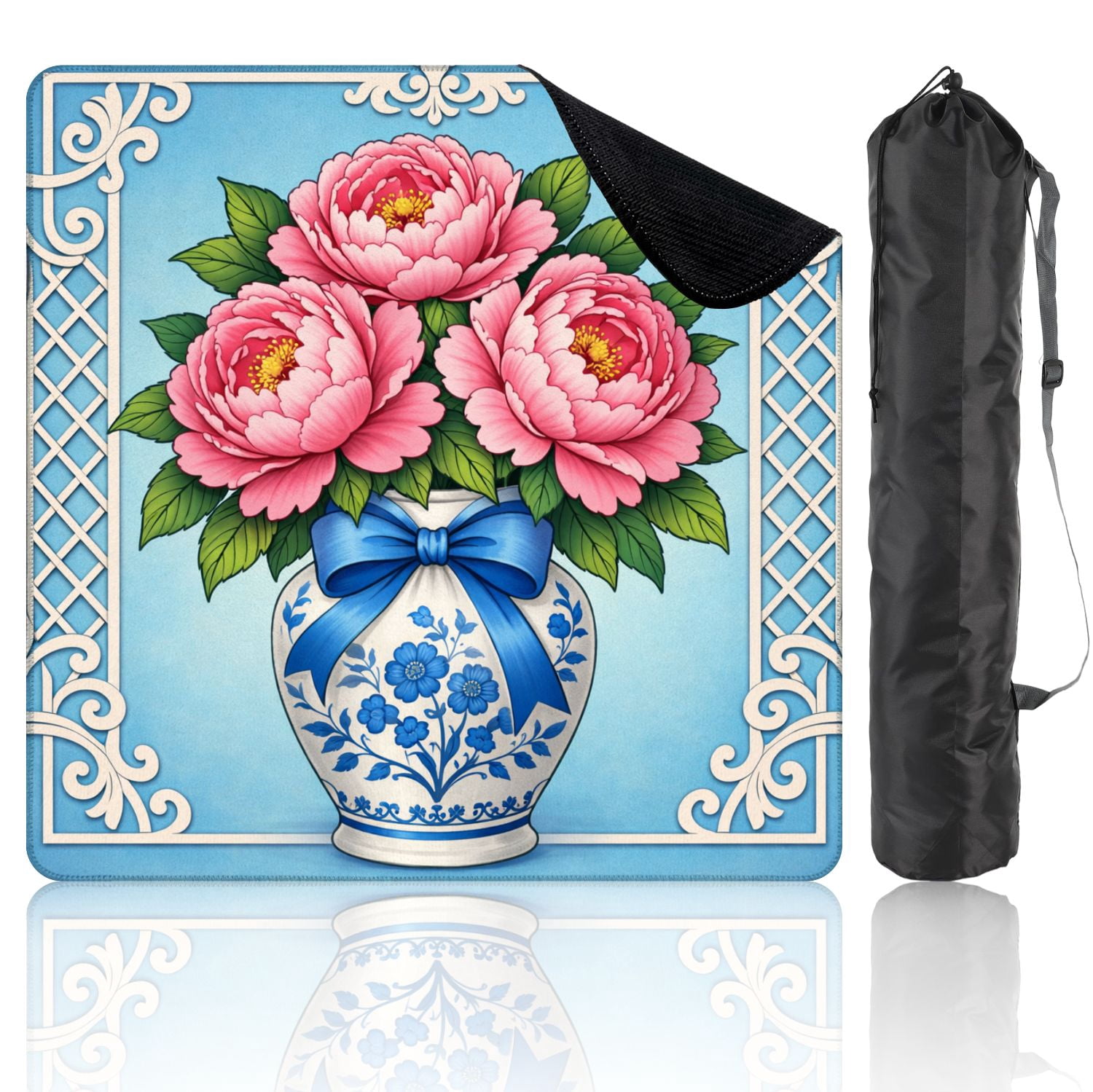 Mahjong Mat 31.5" x 31.5" Pink Peony Bouquet Blue White Vase Ribbon Floral Non-Slip Noise Reduction Mahjong Tiles Table Cover for Dominoes Poker Card Board and Tile Games