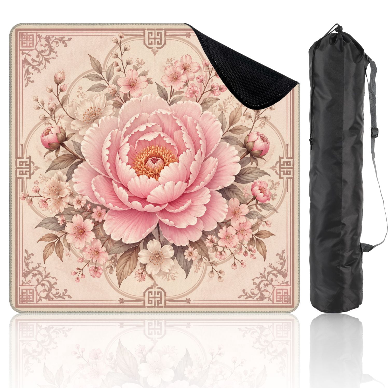 Mahjong Mat 31.5" x 31.5" Pink Peony Cherry Blossom Floral Vintage Elegant Non-Slip Noise Reduction Mahjong Tiles Table Cover for Dominoes Poker Card Board and Tile Games
