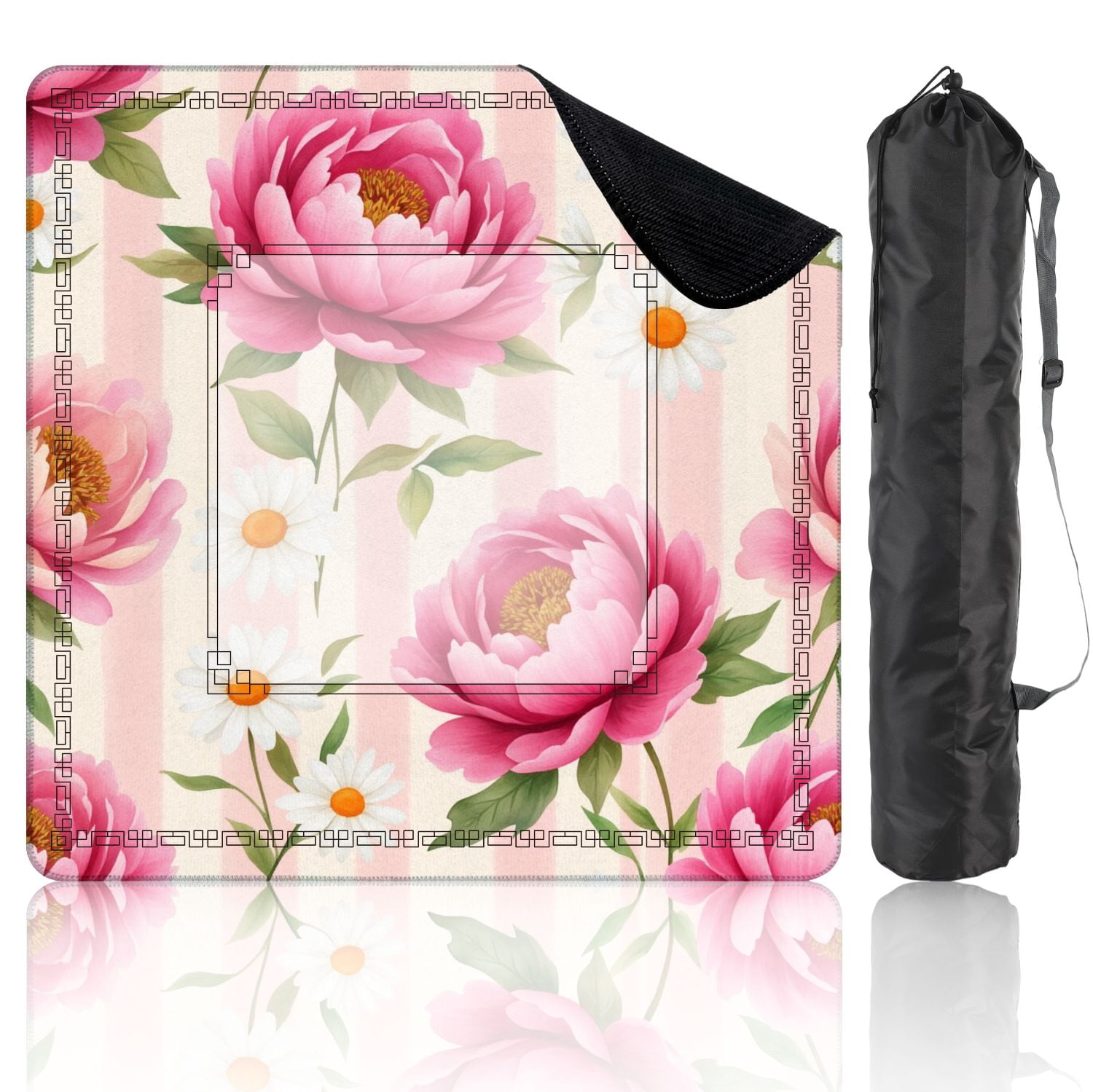 Mahjong Mat 31.5" x 31.5" Pink Peony White Daisy Floral Striped Non-Slip Noise Reduction American Mahjong Tiles Table Cover for Dominoes Poker Card Board Games Gift