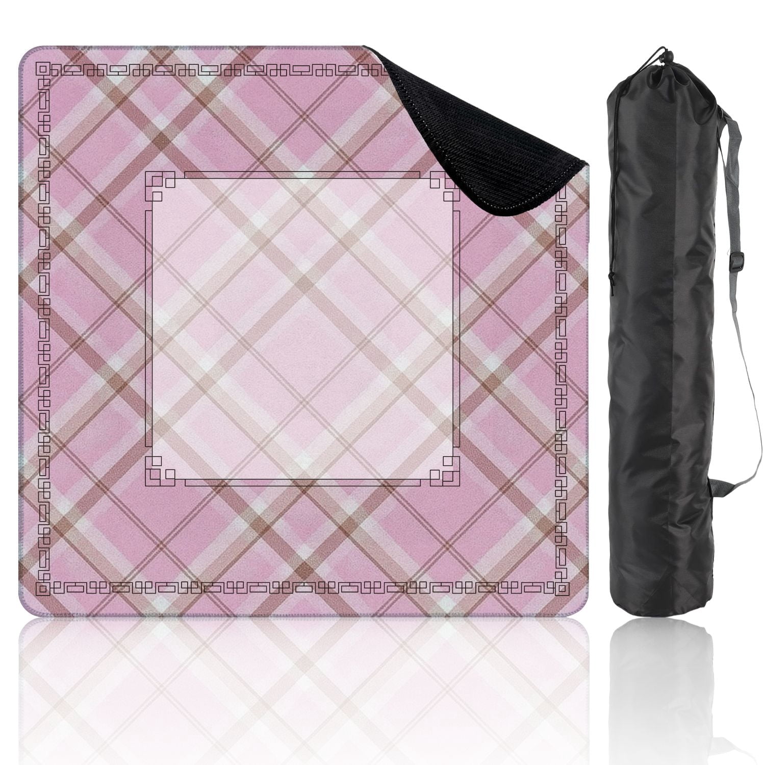 Mahjong Mat 31.5" x 31.5" Pink Plaid Subtle Brown Accents Diagonal Lines Non-Slip Noise Reduction American Mahjong Tiles Table Cover for Dominoes Poker Card Board Games Gift