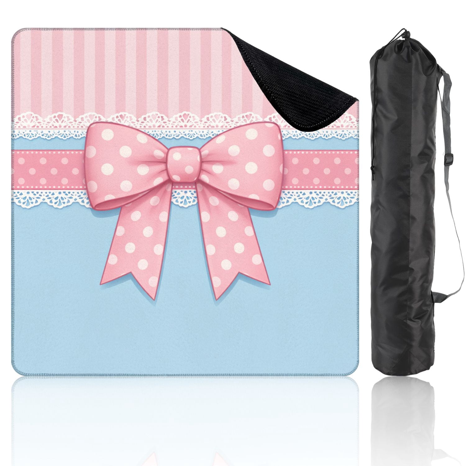 Mahjong Mat 31.5" x 31.5" Pink Polka Dot Bow Lace Trim Blue Pink Striped Non-Slip Noise Reduction Mahjong Tiles Table Cover for Dominoes Poker Card Board and Tile Games