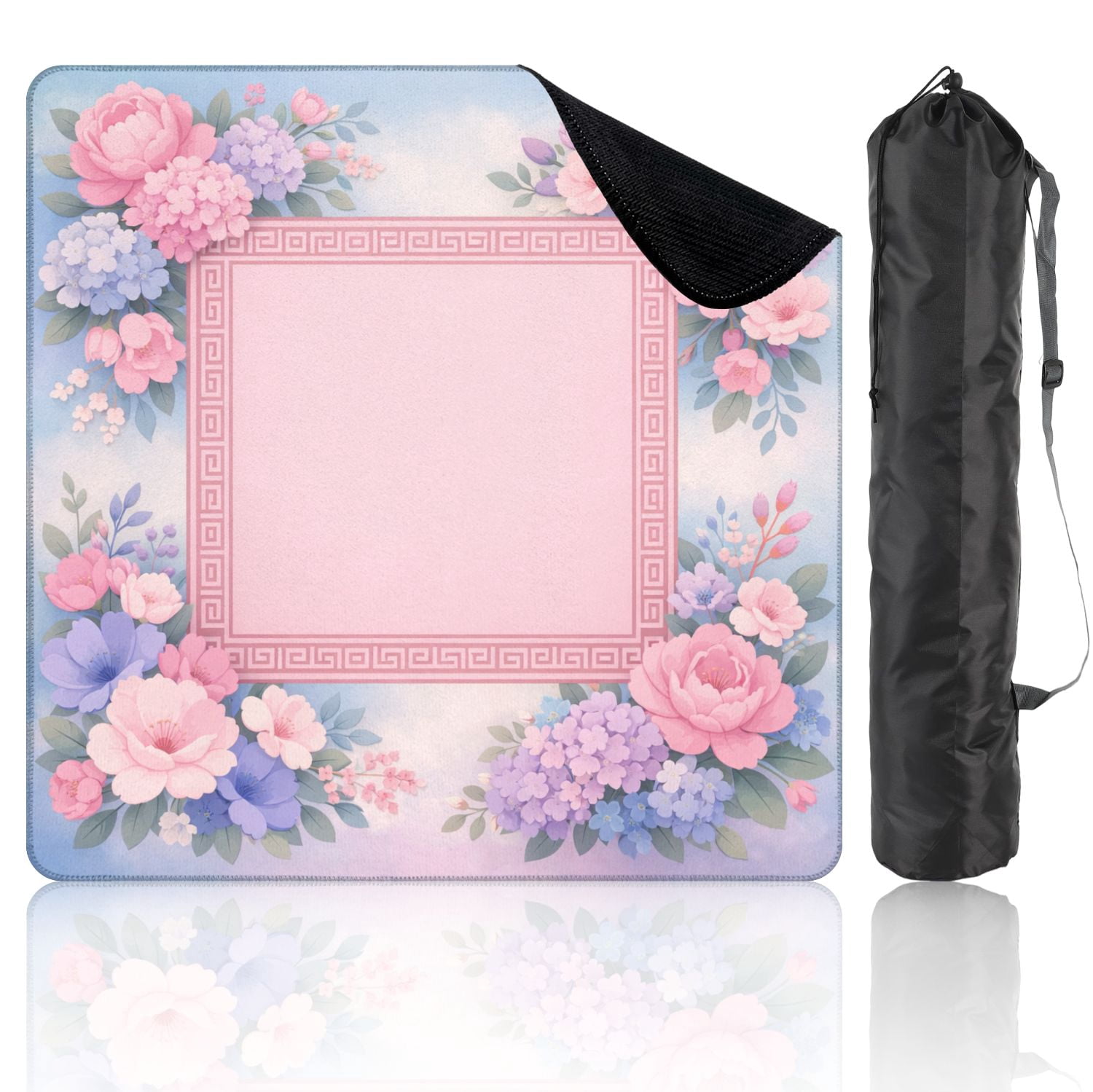 Mahjong Mat 31.5" x 31.5" Pink Purple Floral Frame Greek Key Border Soft Pastel Non-Slip Noise Reduction Mahjong Tiles Table Cover for Dominoes Poker Card Board and Tile Games