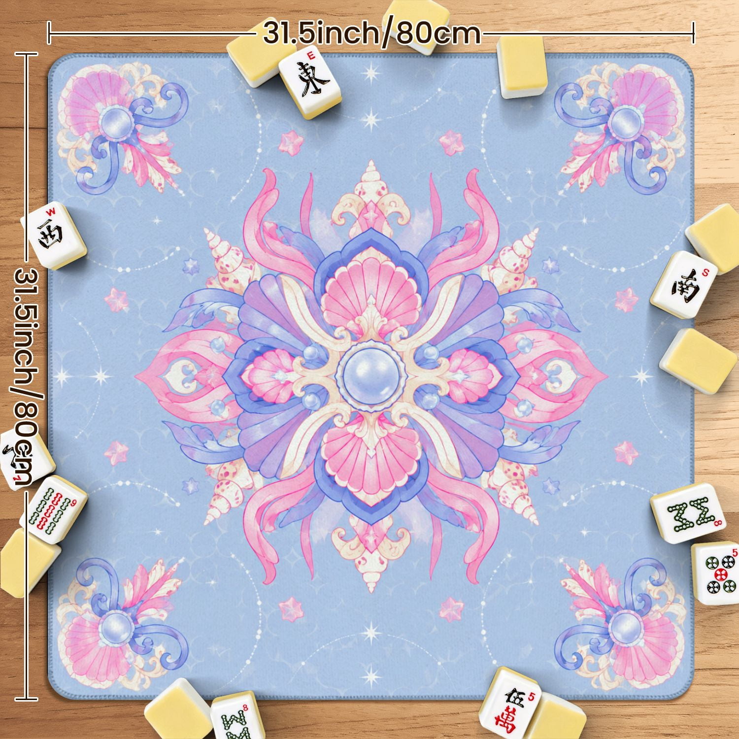 Mahjong Mat 31.5" x 31.5" Pink Ribbon Floral Blue Geometric Non-Slip Noise Reduction American Mahjong Tiles Table Cover for Dominoes Poker Card Board Games Gift