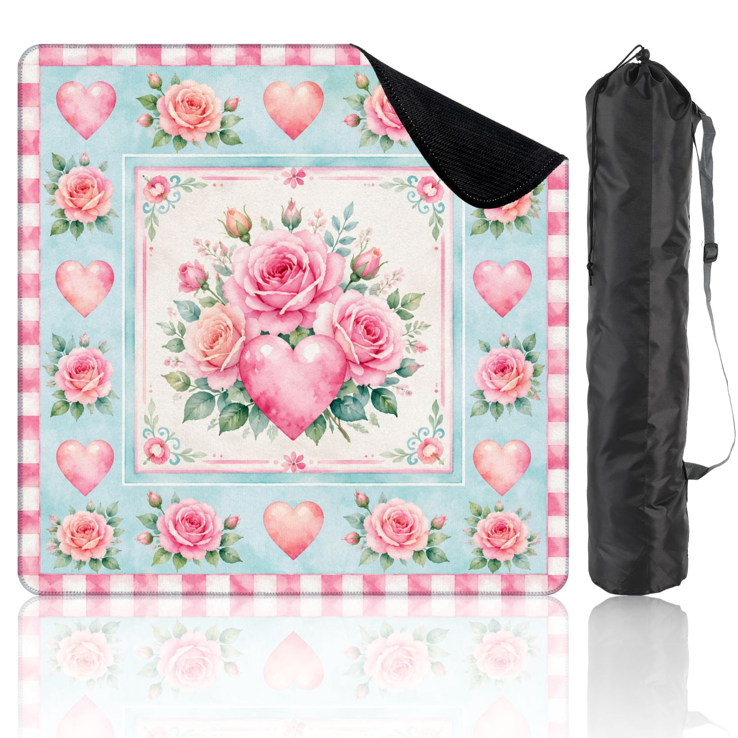 Mahjong Mat 31.5" x 31.5" Pink Roses Heart Blue Floral Border Non-Slip Noise Reduction Mahjong Tiles Table Cover for Dominoes Poker Card Board and Tile Games