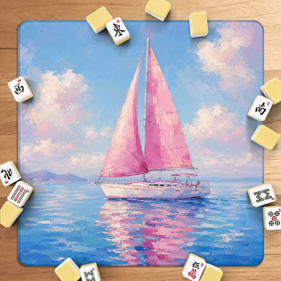 Mahjong Mat 31.5" x 31.5" Pink Sailboat Calm Ocean Reflection Soft Impressionist Seascape Non-Slip Noise Reduction American Mahjong Tiles Table Cover for Dominoes Poker Card Board Games Gift